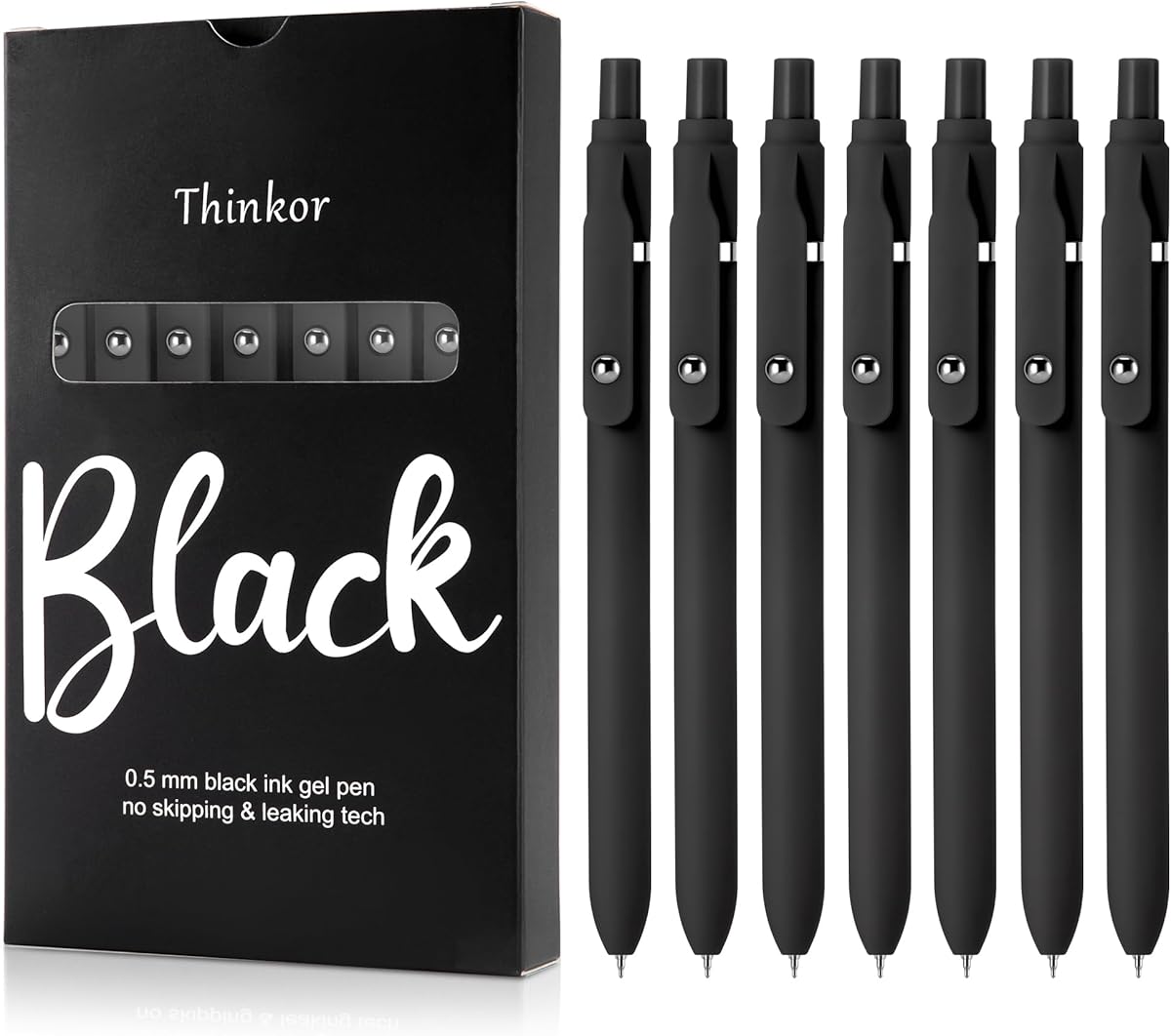 thinkor Gel Pens Black Ink, 7 Pcs 0.5mm Quick Dry Fine Point Smooth Writing Pens, Cute Office School Supplies Gifts for Women Student