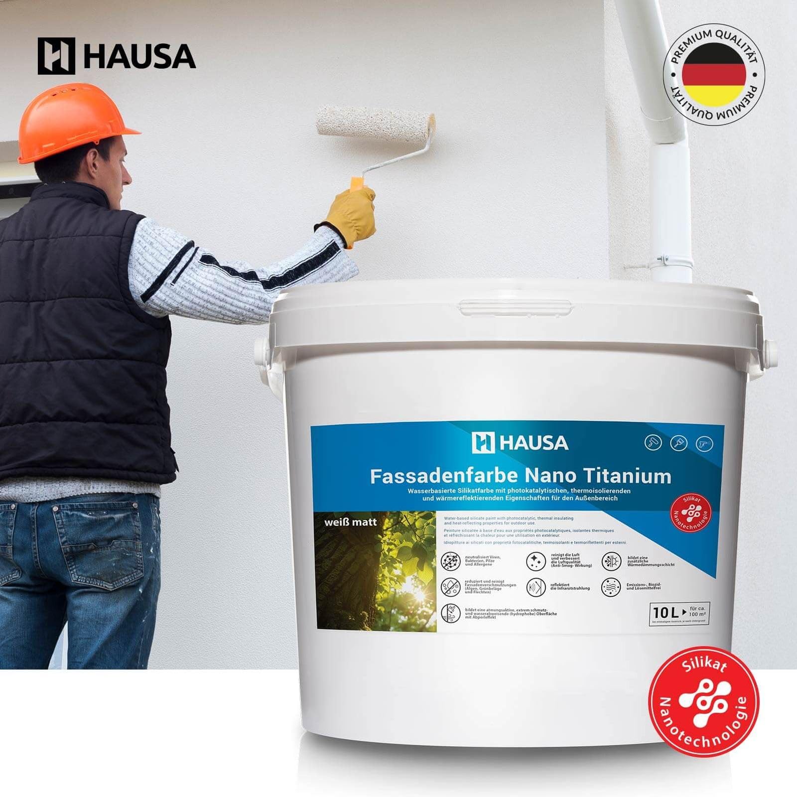 Hausa Fassadenfarbe Nano Titanium 10L weiß matt Wandfarbe für Außen mit Abperleffekt, extrem wetterbeständig, energiesparend thermoisolierend, reinigt die Luft (Anti-Smog Wirkung) algenresistent
