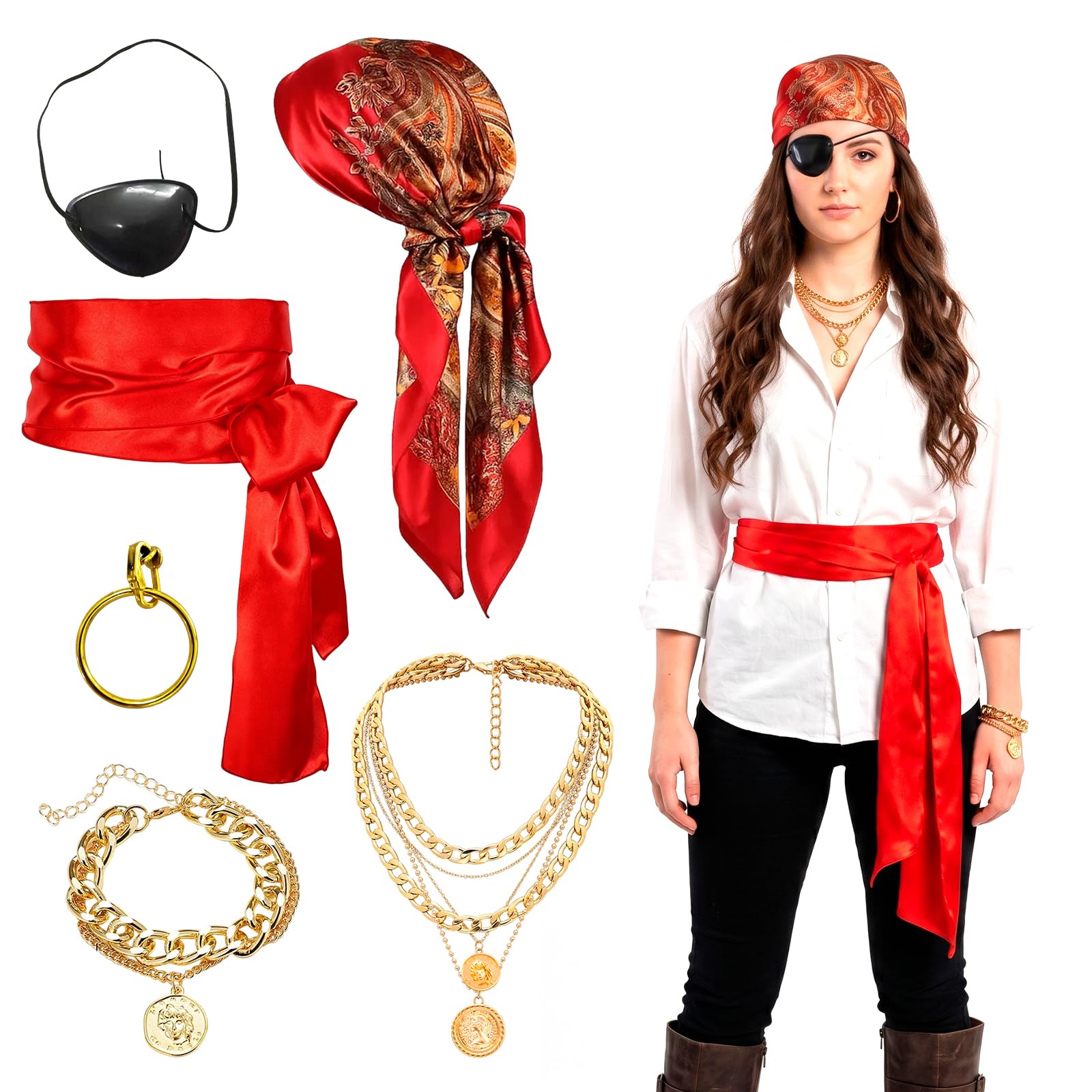 RUQVKWLA 6-Piece Pirate Costume Women Set - Pirate Headscarf & Accessories