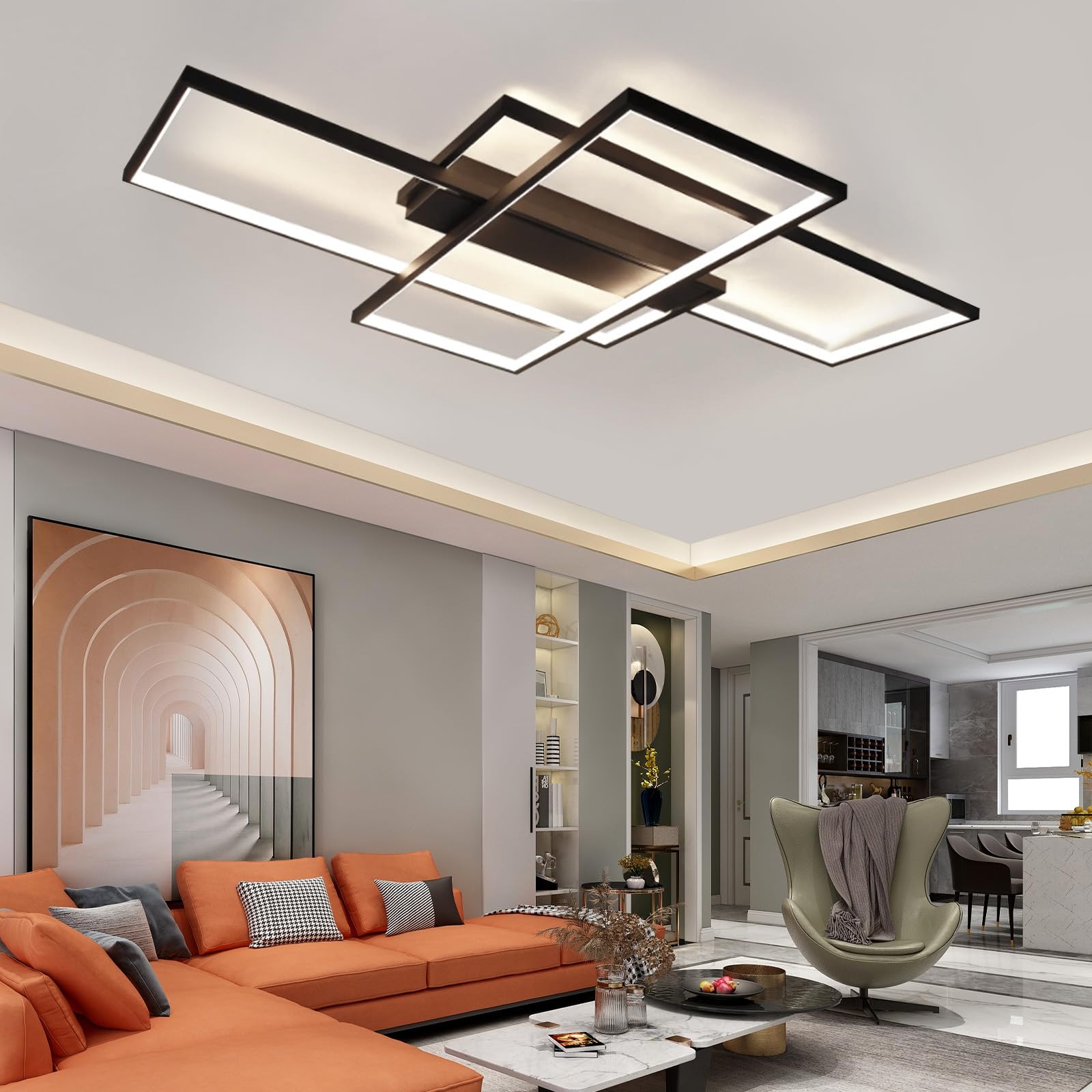 GBLY Nowoczesna lampa sufitowa LED - duża czarna lampa do salonu ściemniana za pomocą pilota Geometryczna lampa pokojowa 51W Oświetlenie sufitowe (100x70x8cm)