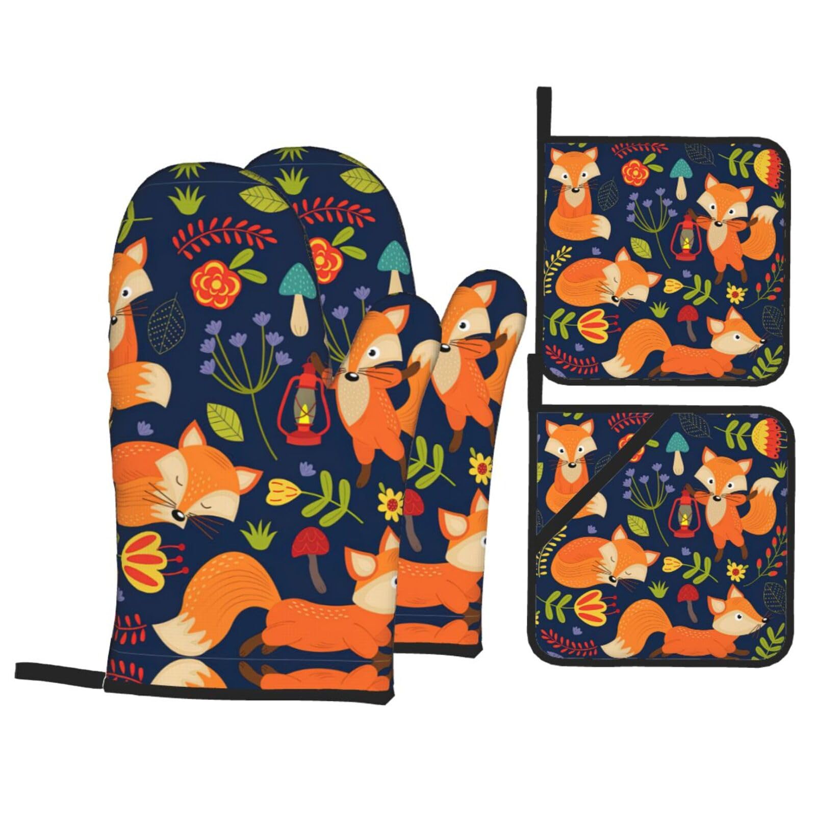Cute Animal Fox Flower Print Oven Microwaving Waterproof Kitchen Gloves for Baking Grilling Holiday Cooking