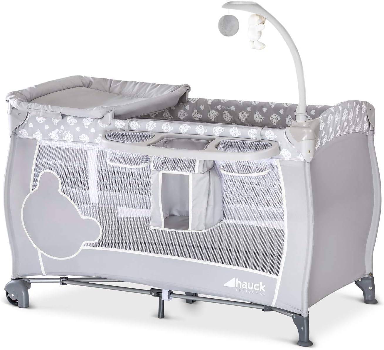 Hauck Babycenter Compact Folding Travel Cot from Birth to 15 kg with Double Height for Newborns, Changing Top, Utensil Storage, Wheels, Carry Bag Bow - Grey