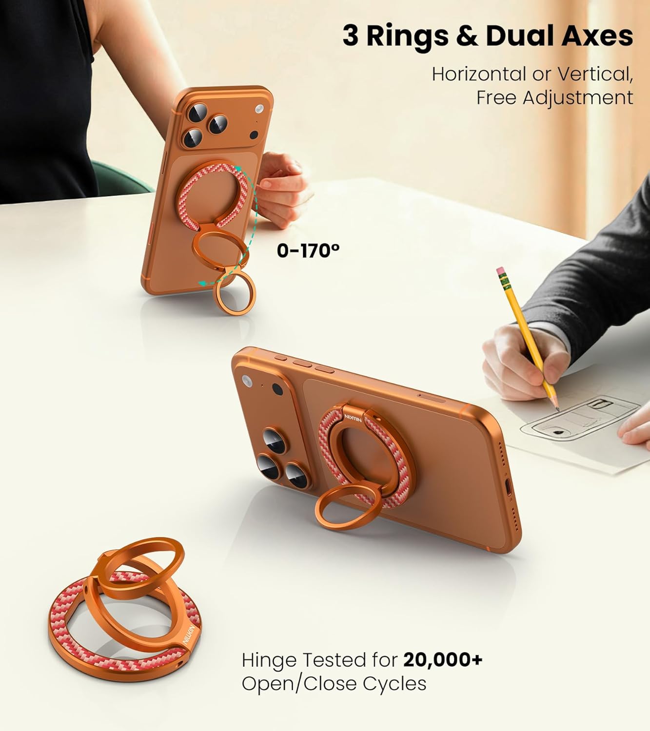 Nillkin MagSafe Phone Grip Ring Holder for Dual-Sided Magnet, Removable Magnetic Phone Ring Holder for iPhone 17/16/Pixel Snap Grip, Carbon Fiber, MagSafe Ring Stand, Accessories for iPhone, Orange