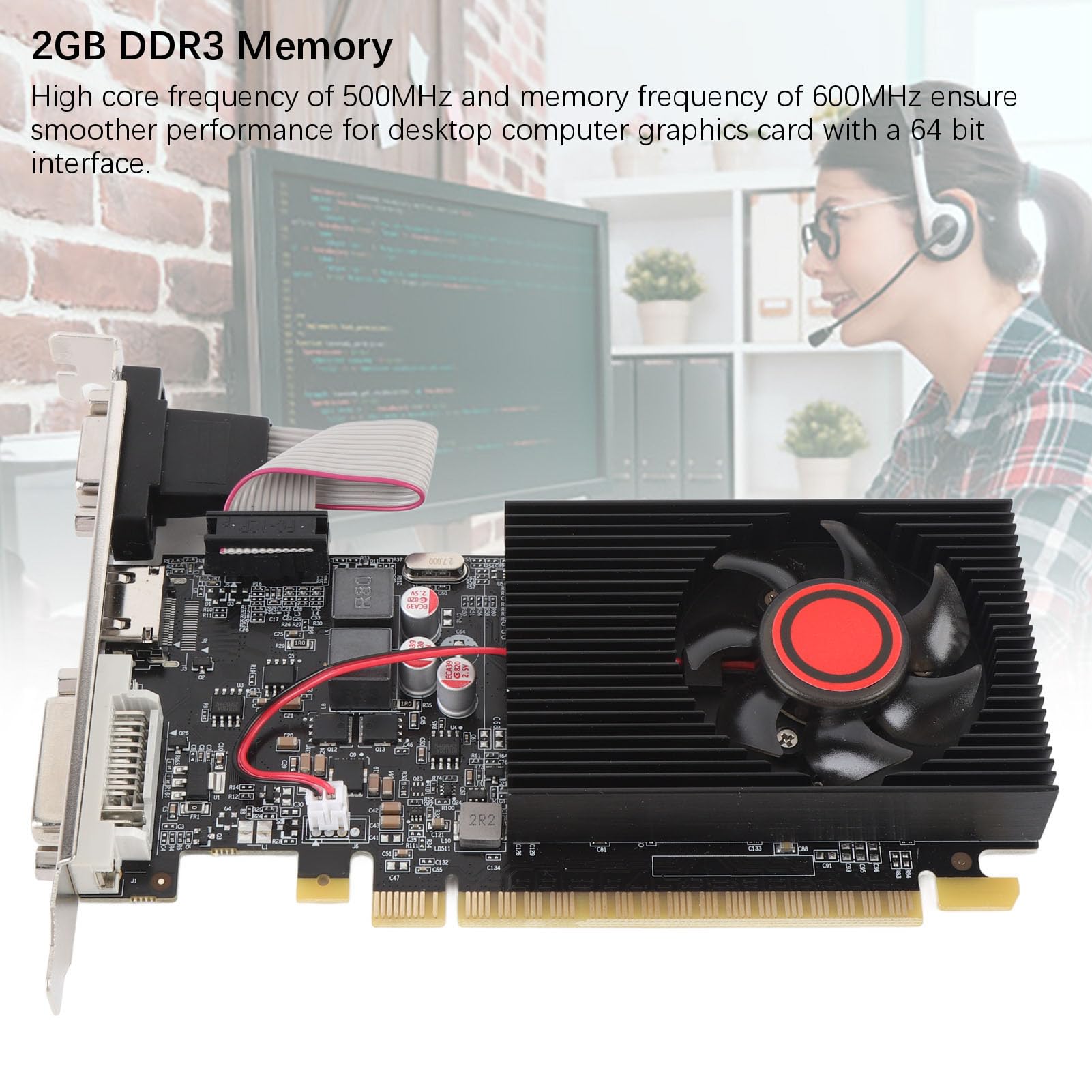 Grafikkarte 2GB DDR3 64-Bit, PCI Express 2.0 16x Desktop Computer Grafikkarte mit HDMI DVI VGA, Einzellüfter, DirectX 10.1 für Multimedia und Gaming