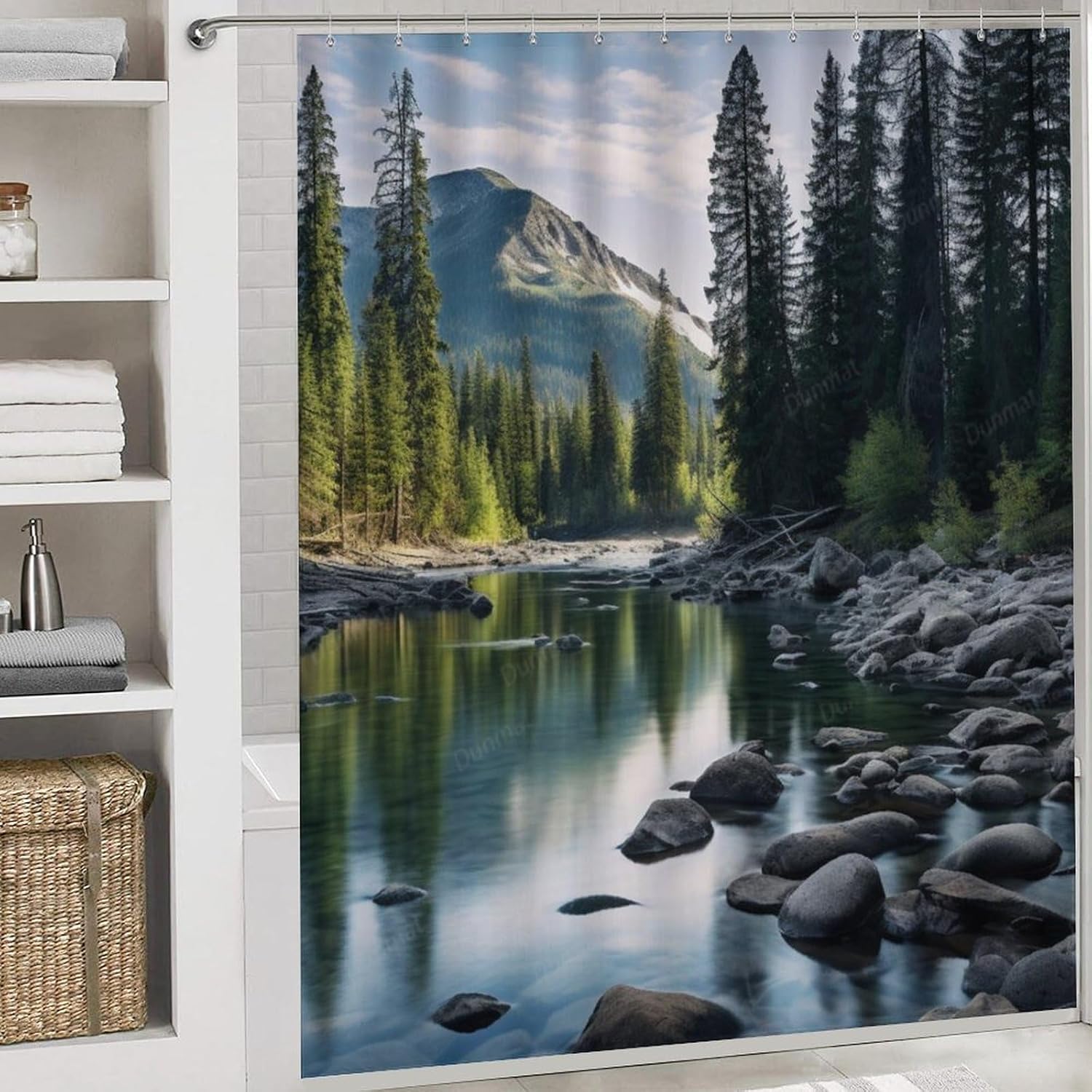 Mountain Forest View Shower Curtain Set, Includes Non-Slip Rugs, Toilet Lid Cover, Bath Mat, Nature River Landscape Stream Shower Curtain with 12 Hooks for Bathroom Decor