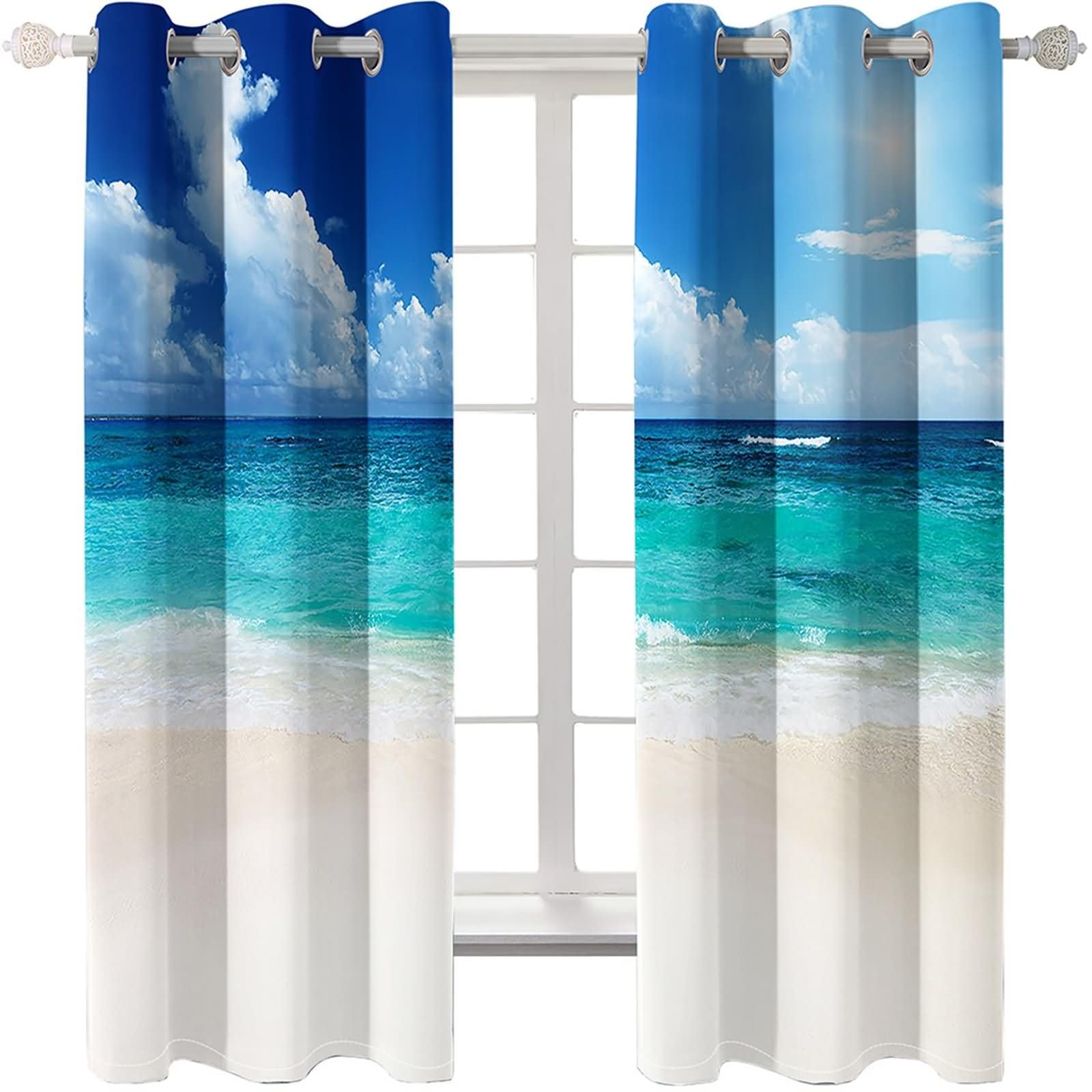 Vorhänge Wärmeisolierend 2 Panels,2 x 152W x 244H cm,Gardinen Ösen Modern Strandlandschaft Vorhänge für Küchen Modern Blau Weiß Khaki
