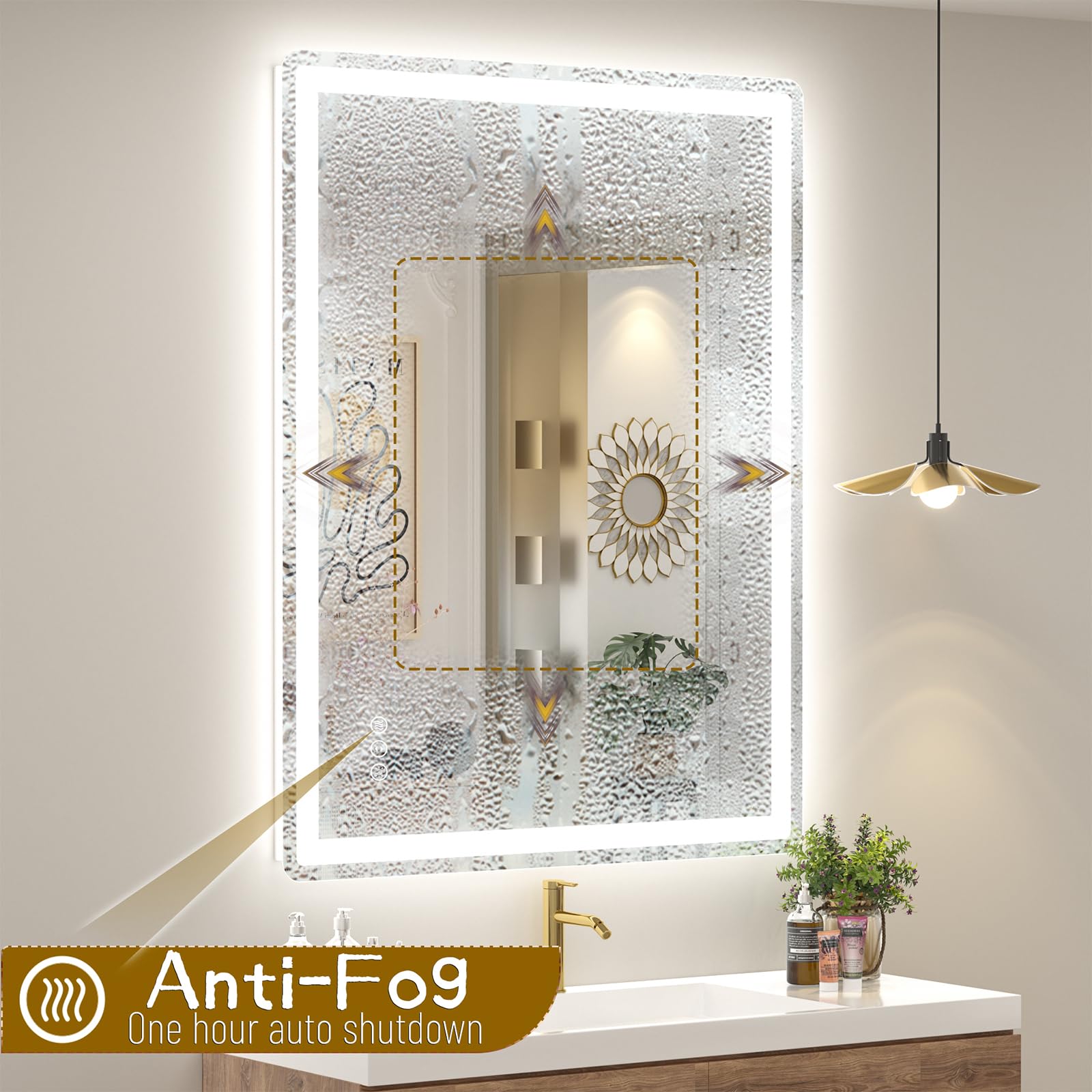 SMIROR Specchio da bagno a LED con luci, 101,6 x 81,3 cm, specchio rettangolare arrotondato illuminato da parete, anteriore illuminato e retroilluminato, 3 colori, dimmerabile, anti-appannamento