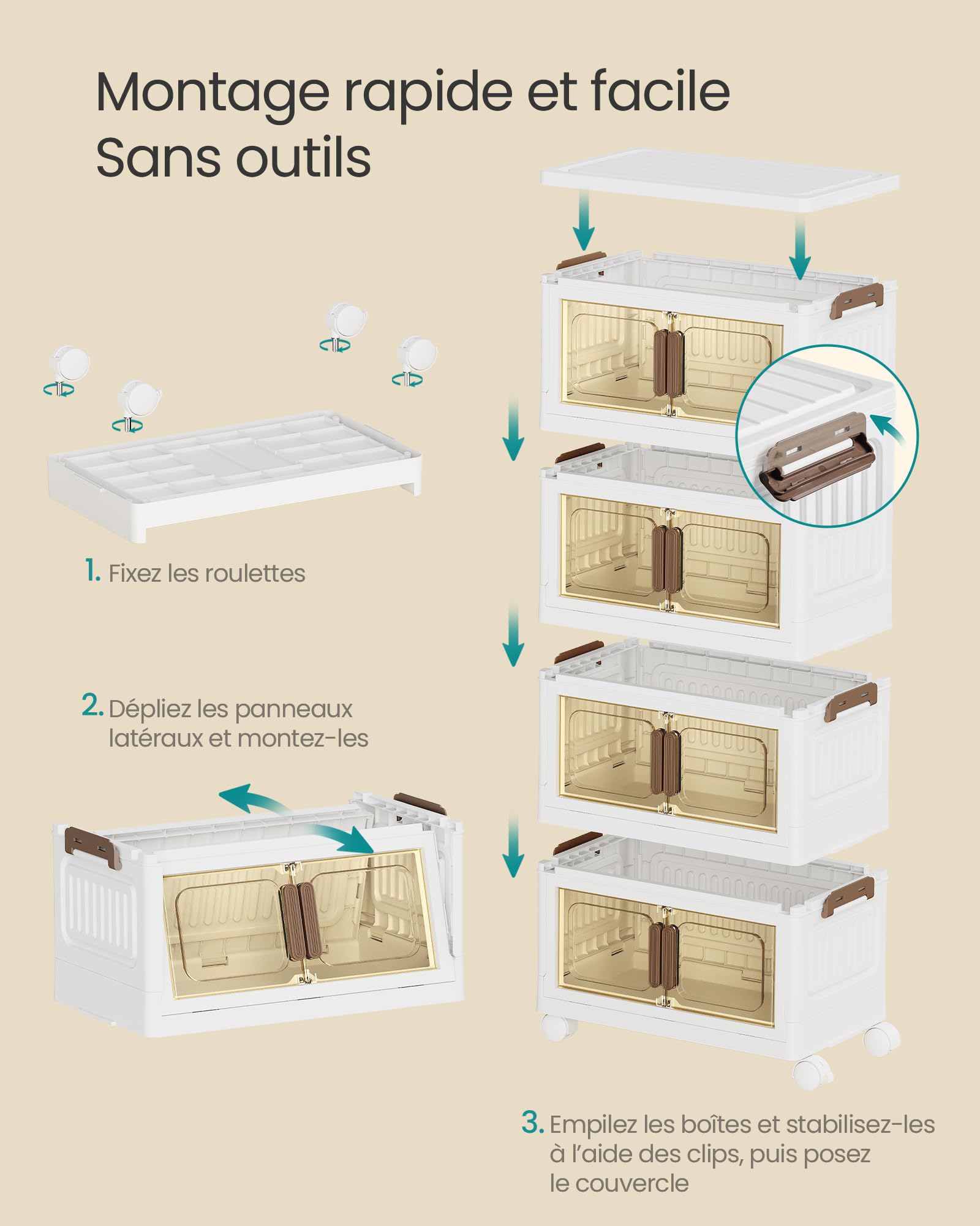 SONGMICS Boîte de Rangement, Organisateur à 4 Niveaux avec 1 Couvercle, Empilable, sur Roulettes, Plastique, Double Porte Magnétique, Blanc, 25 L par Niveau, 100 L au Total, RLB445WZ01
