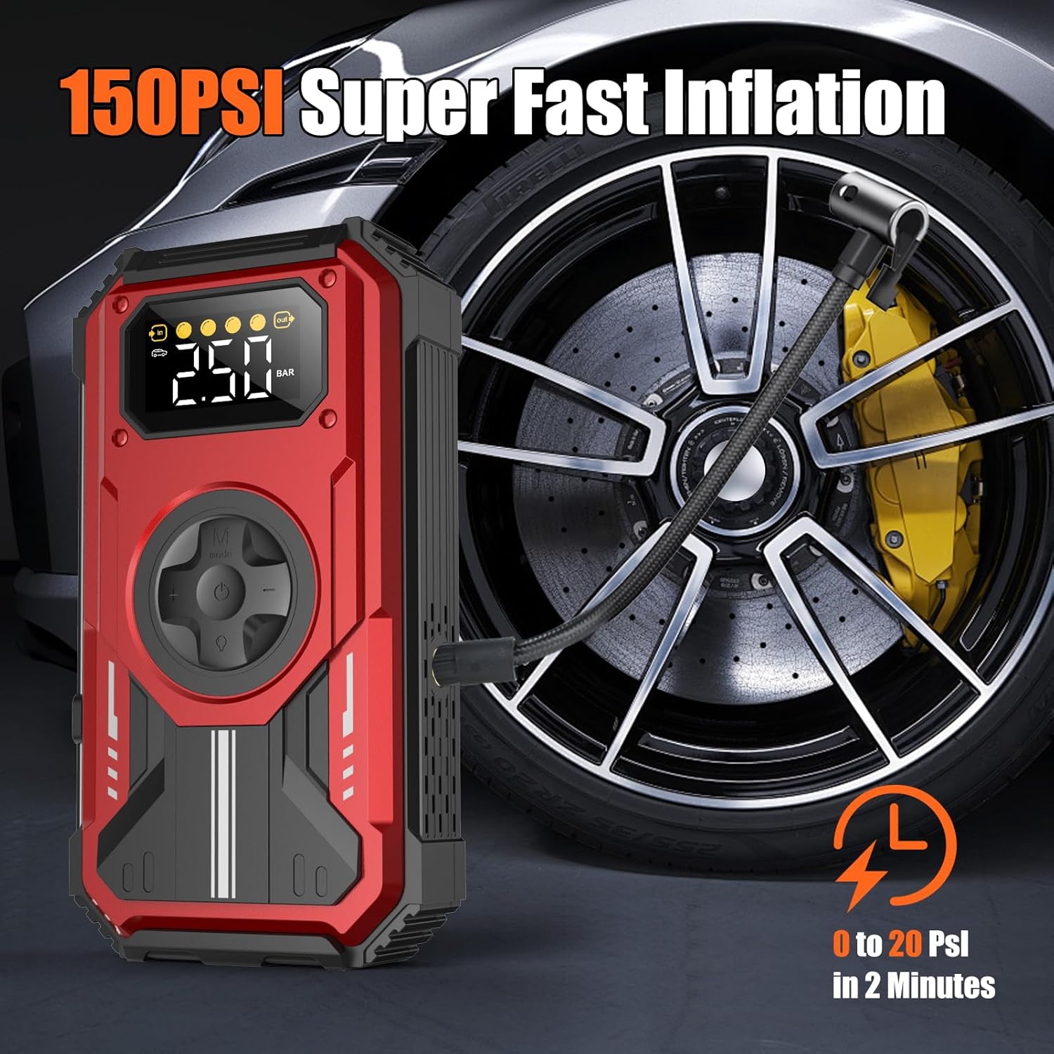 PD-270 6000A Jump Starter with Air Compressor, 150 PSI Portable 12V Car Battery Booster (Up to 7.5L Gas/6.5L Diesel), LCD Display, LED Light & Power Bank