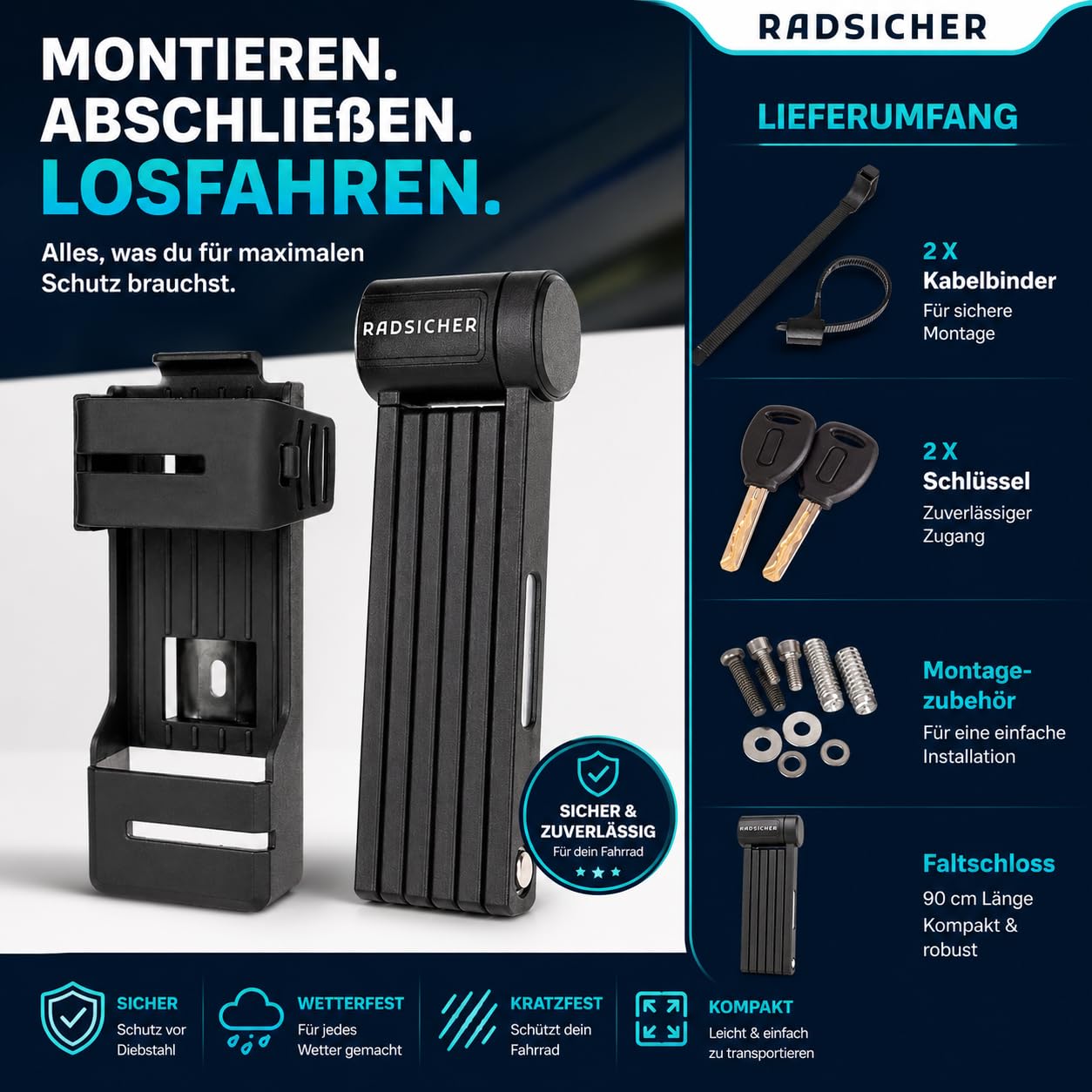 RADSICHER Antivol pliable - Antivol de vélo robuste en acier - Avec support et 2 clés - Antivol pliable sécurisé pour vélo électrique, VTT et vélo de ville