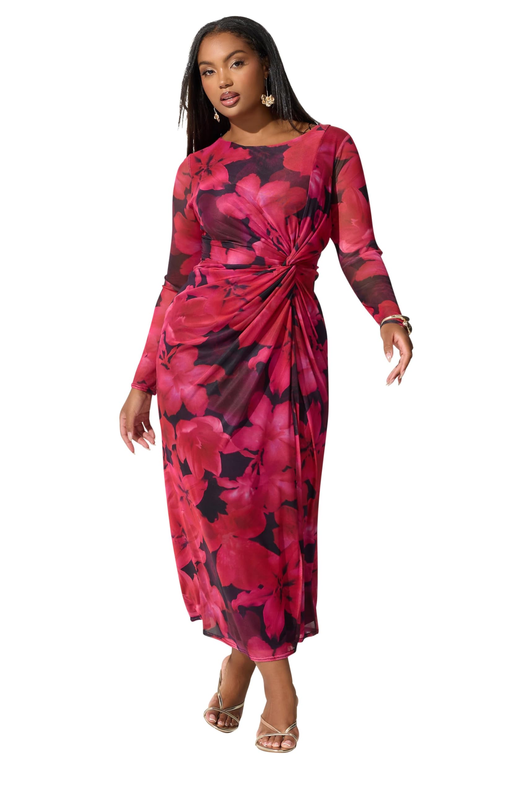 Yours Women's Pink Floral Mesh Knot Maxi Dress Size 26-28