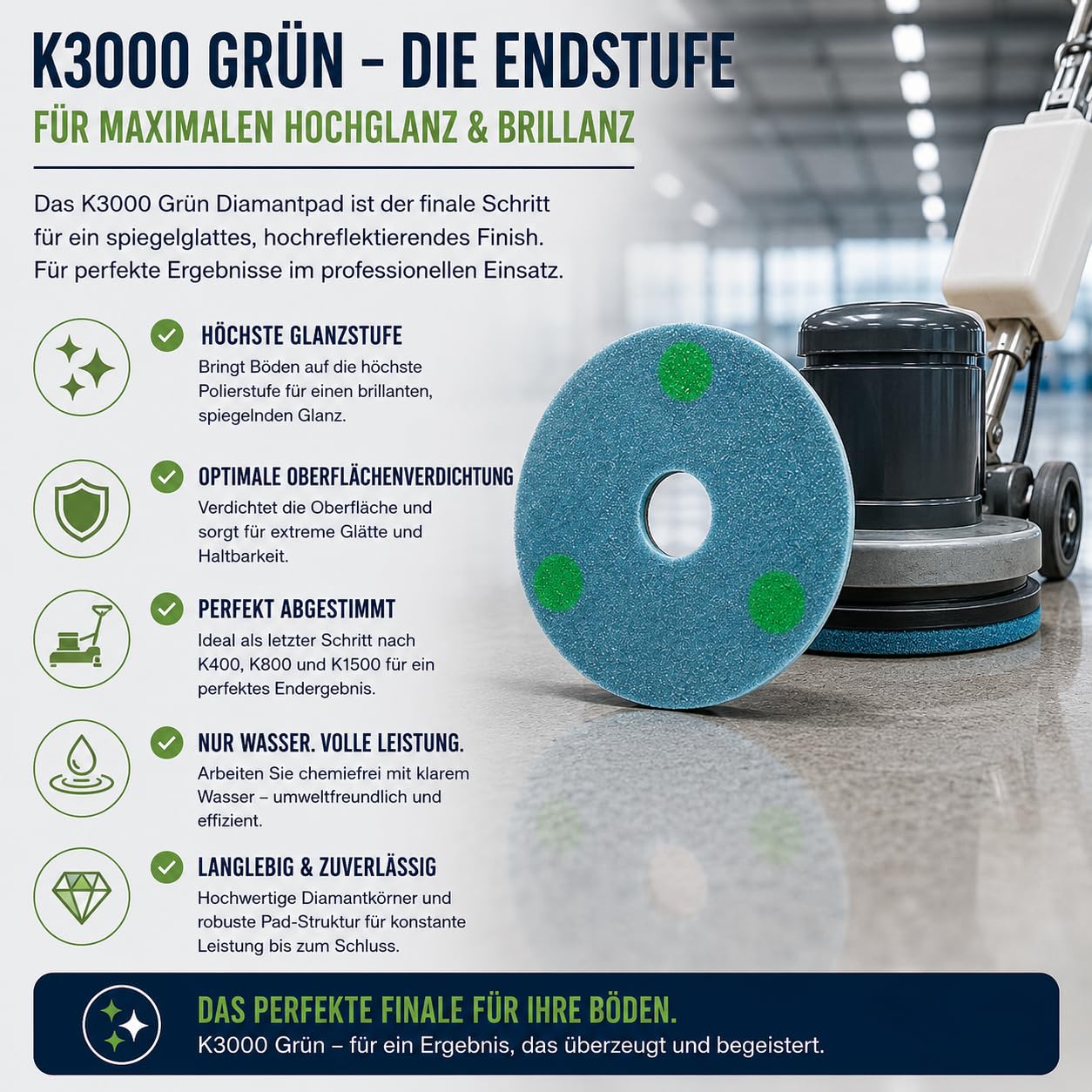Profi-Diamantpad K3000 Grün (2er-Vorteilspack)-Blaues Polierpad für Einscheibenmaschinen|Zur Endpolitur & Hochglanz-Veredelung von Hartböden|Passend für Treibteller in 13",16",17"&20"Zoll (17 Zoll)