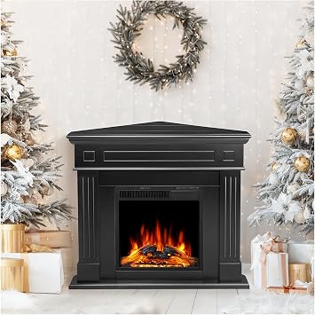 43.31 Inch Corner Fireplace TV Stand with Mantel - Electric Fireplace Heater, Wooden Entertainment Center, Adjustable LED Flame, Freestanding 750W/1500W,Corner Black