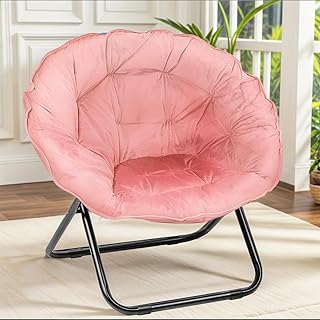 Grezone Folding Saucer Chair, Lazy Moon Chair with Metal Frame, Comfy Bedroom Chairs for Bedroom, Living Room, Study Pink JC - Buy now