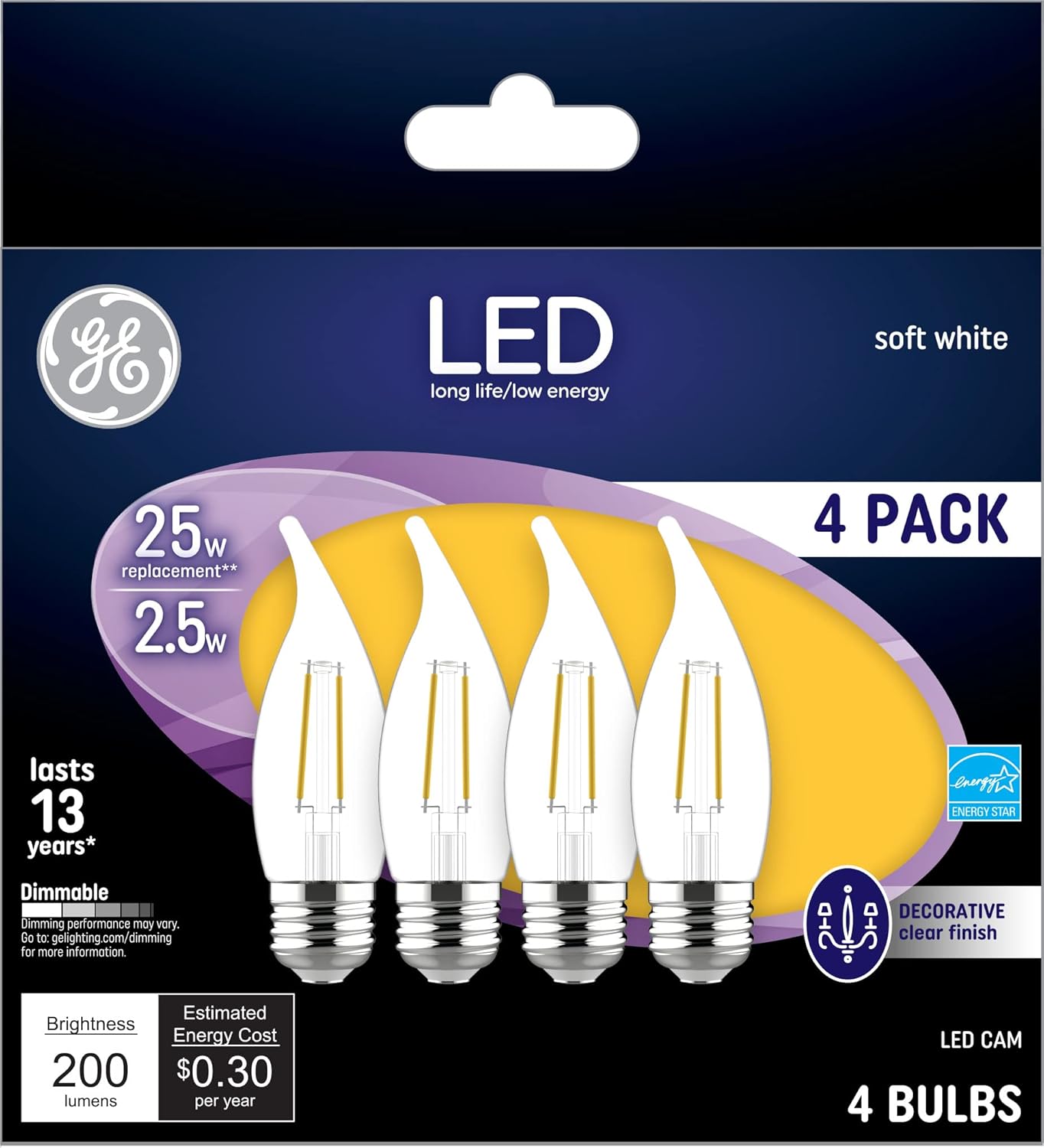 Dimmable LED Soft White Decorative 2.5-Watt (25-Watt Replacement), 200-Lumen Medium Base Bent Tip