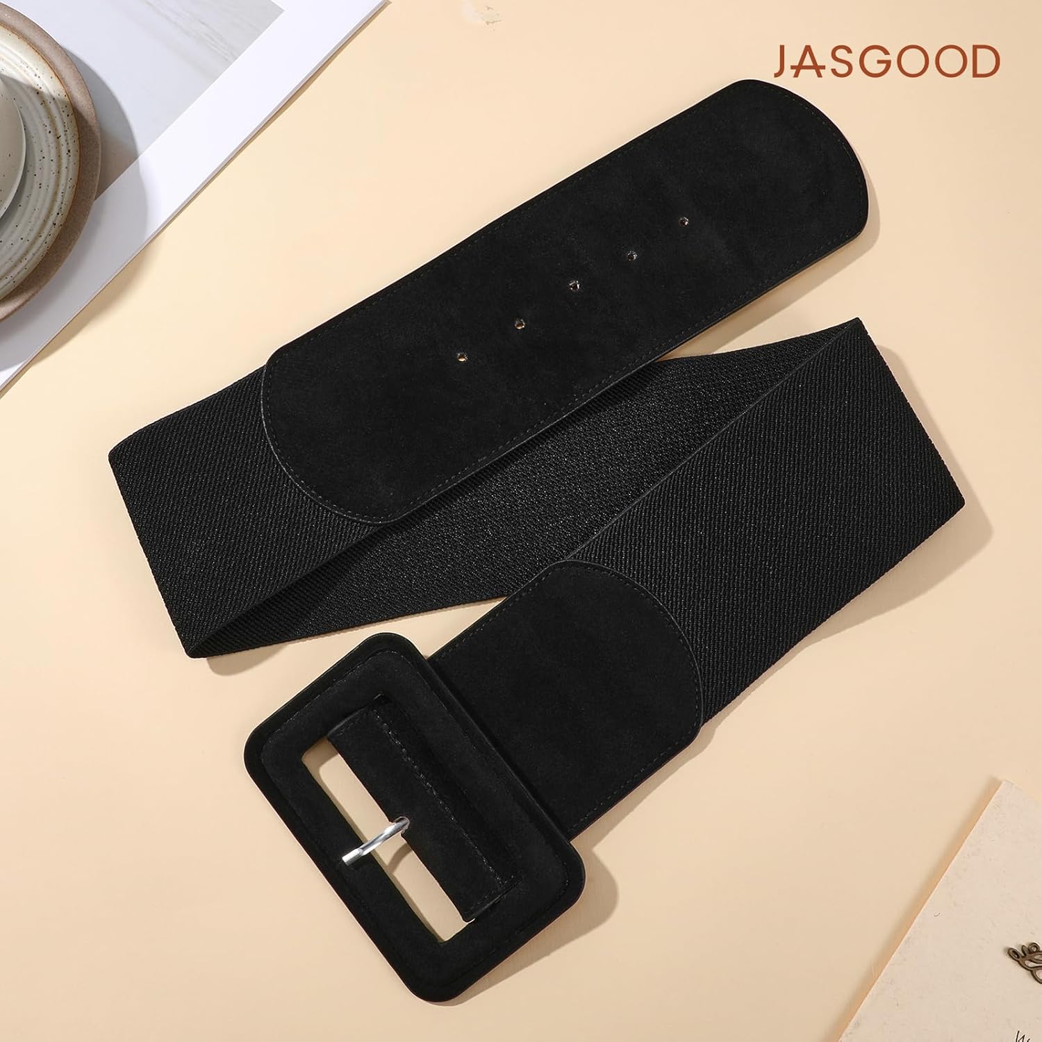 JASGOOD Women Wide Stretchy Belt for Dress Wide Suede Elastic Belt with Vintage Chunky Square Buckle - Image 5