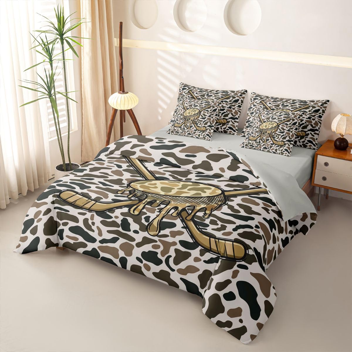 Camo Ice Hockey Bettwäsche 200x200 7teilig für Kinder Jungen Mädchen Camo EIS Tropfen Bettwäsche-Set 1 Bettbezug,1 Spannbettlaken,1 Bettlaken,2 Kissenbezüge,2 Dekokissenbezüge