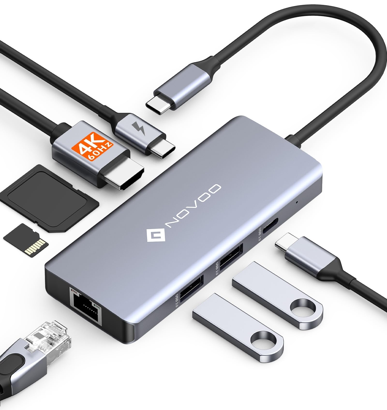 NOVOO USB C Hub 4K@60Hz HDMI Gigabit Ethernet 8-in-1 USB C Adapter Multiport with PD 100W,2 USB-A, 1 USB-C Data Port,SD&TF Docking Station for iPhone 15,MacBook Air/Pro M2, Dell, XPS 15,HP, Lenovo