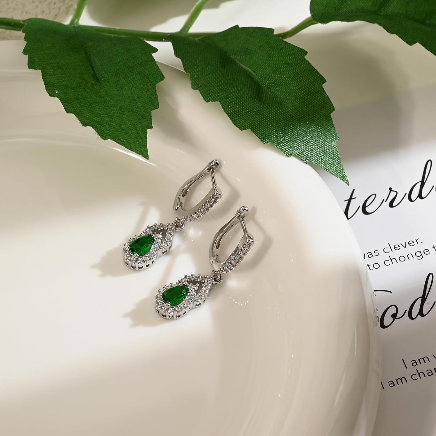 Emerald Silver Hoop Dangle Earrings for Women with Cubic Zirconia and Green Crystal Shaped Lucky Gourd Huggie Earrings Dangling for Birthstone Jewelry - Image 7