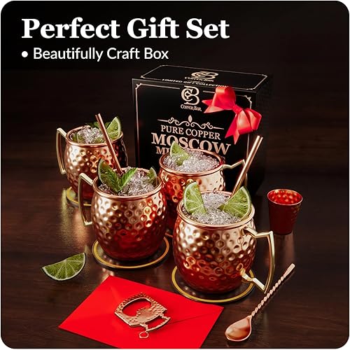 Miniatura 2 de Tazas de cobre Moscow Mule – Juego de 4 tazas de regalo únicas hechas a mano, martilladas por artesanos, tazas de cobre sólido 100% puro de 16 onzas