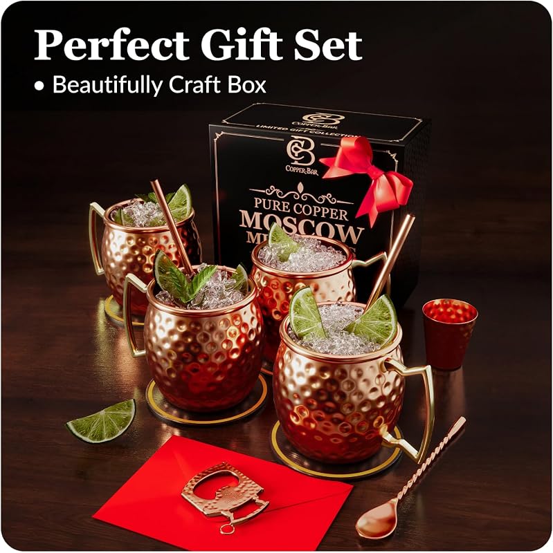 Set de 4 căni din cupru masiv pentru Moscow Mule, 470 ml, finisaj ciocănit, cu mâner din nichel, pentru cocktailuri, cu 4 paie, 1 pahar gradat și 2 eBook-uri