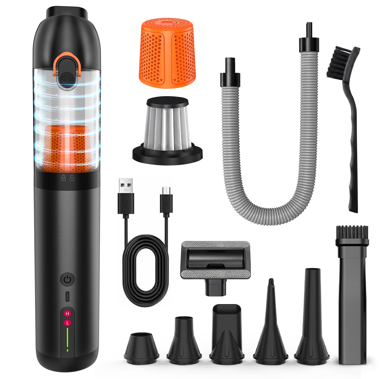 Handstaubsauger Akku 4-in-1, Mini Autostaubsauger Stark mit 20000 PA Saugkraft und 2 Saugstufen, USB-C Aufladbar Handstaubsauger Kabellos für Auto, Bürotische, Tastaturen