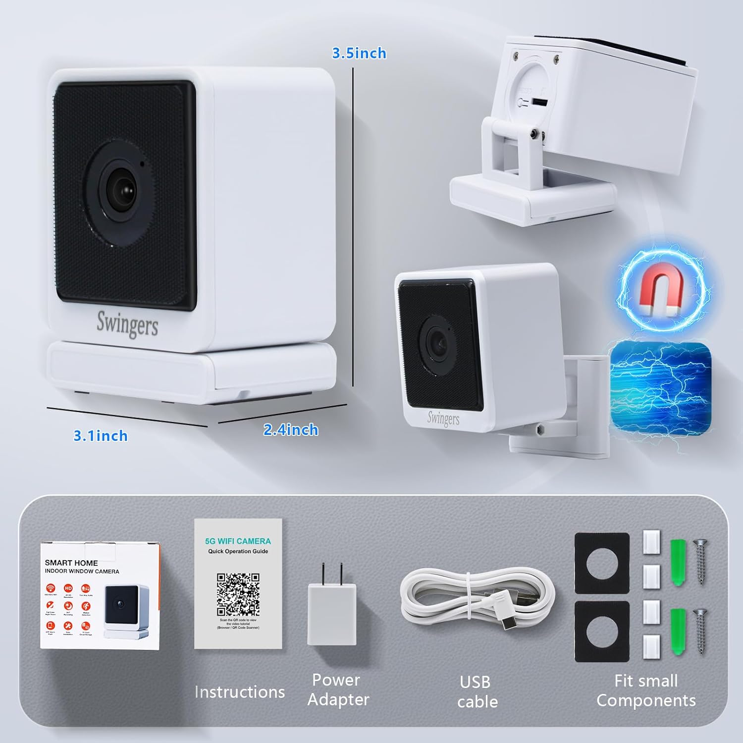 Swingers 3MP 2K Window Camera,2.4GHz & WiFi Indoor Cameras for Home Security with Phone app,Person & Motion Detection,Night Vision,Easy & Quick Install (2 Pack)