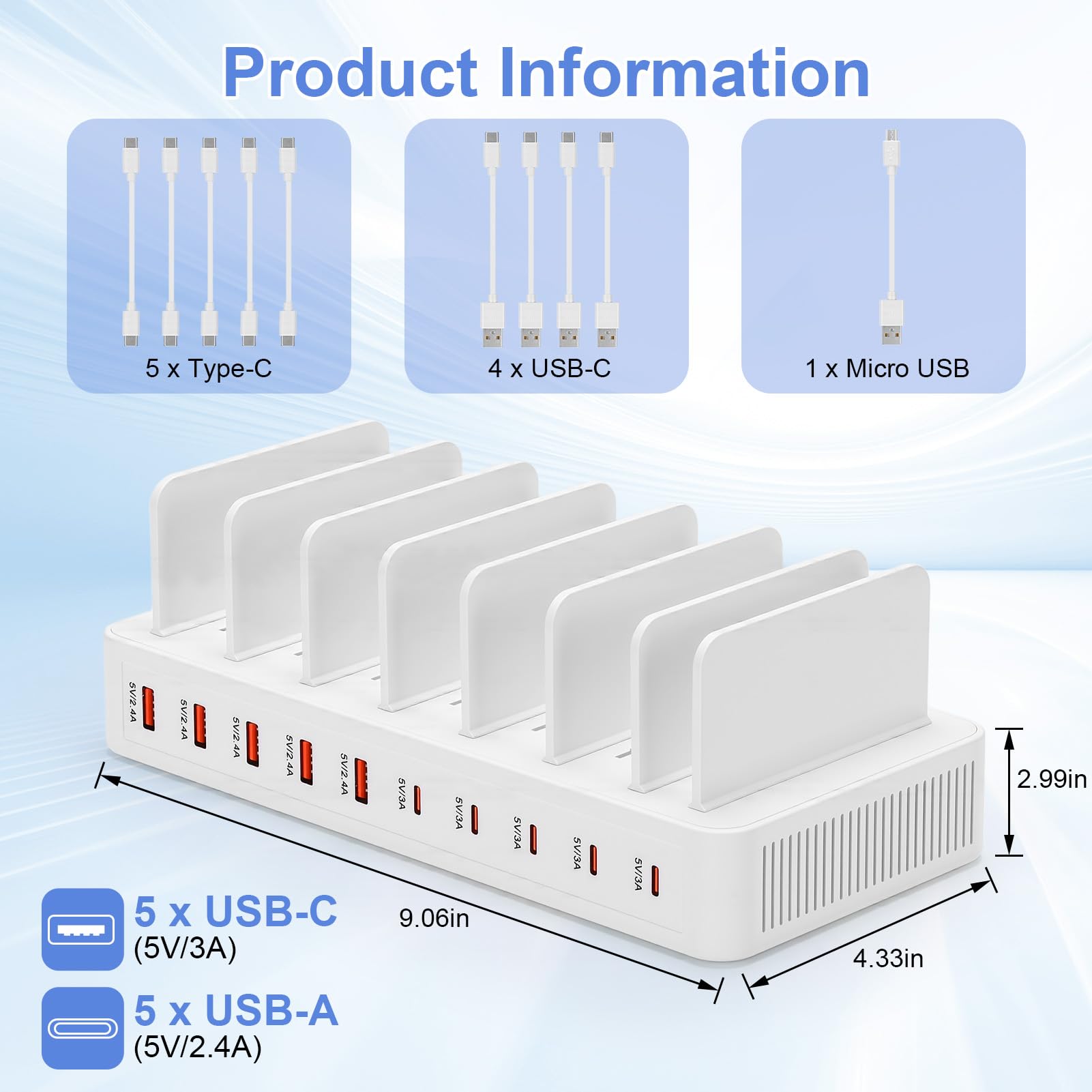 Station de Chargement USB, Station de Recharge 10 Ports 15W avec 10 Câbles, Support Chargeur Telephone,Station de Charge Telephone Portable (Blanc)