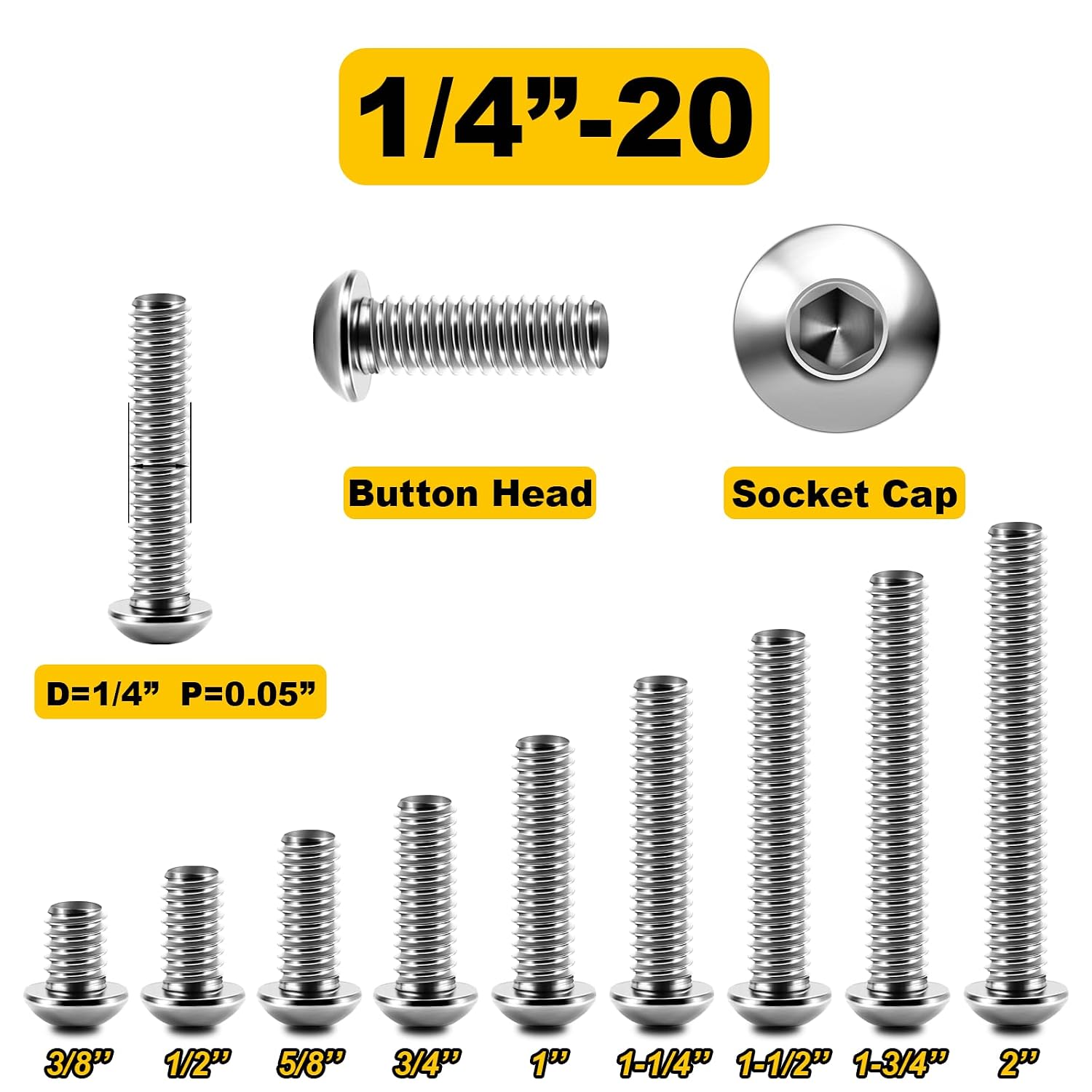 (20Sets) 1/4-20 Bolt x 3/4" Button Head Socket Cap Bolts Screws, 304 Stainless Steel Metric Bolt Assortment, 18-8 Allen Screws, Nuts and Bolts Assortment Kit, Fully Threaded Hex Spanner By Mywish