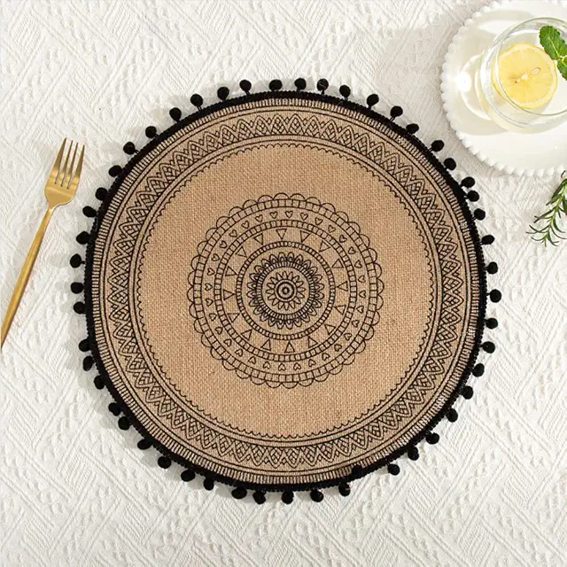 Boho Jute Placemats Set of 2 with Mandala Tassels, Round Woven Table Decor