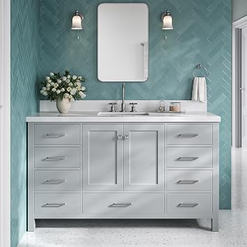 DKB Beckford 60 Inch Bathroom Vanity Single Sink Grey Bathroom Vanity with Sink, 1.5" Edge Pure White Quartz Countertop & Backsplash, 2 Soft-Close Doors, 9 Dovetail Drawers