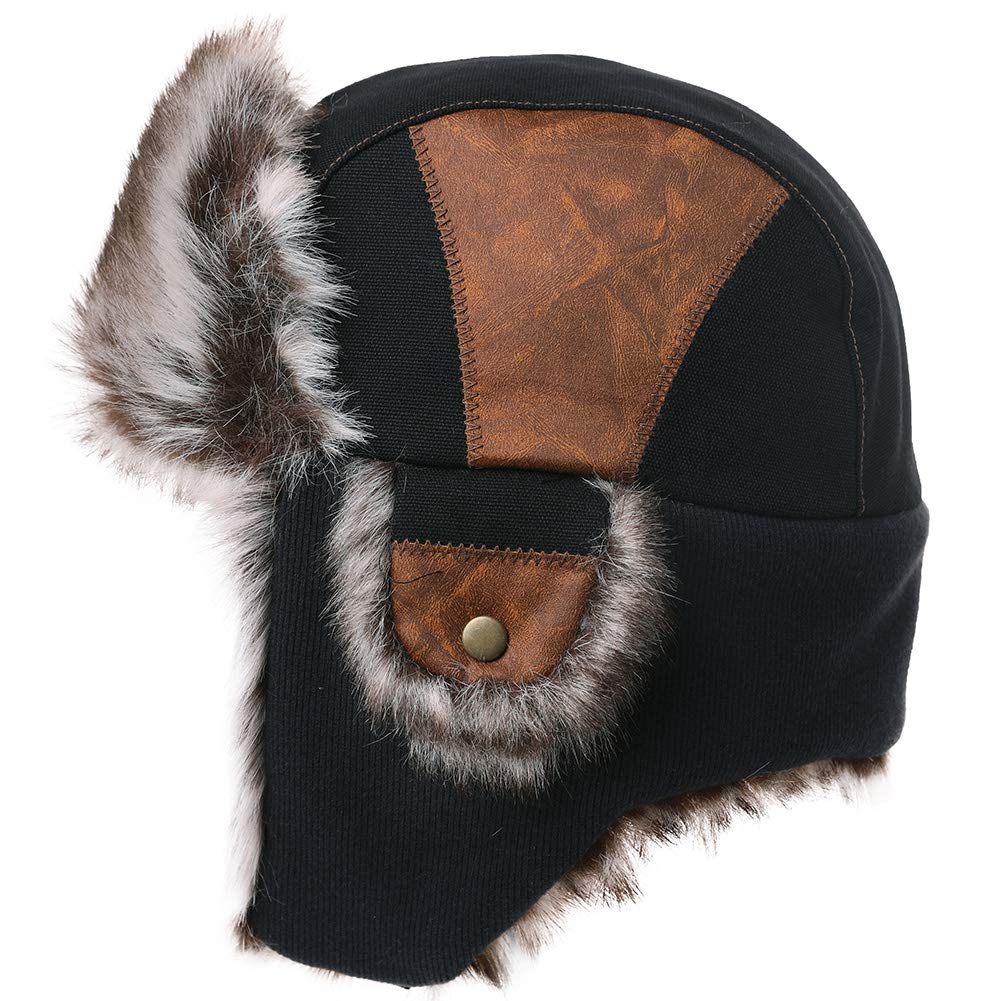 Fancet Winter Faux Fur Trapper Bomber Hat Men Women Warm Thermal Lined Outdoor Ski Snow Earflap Hunter Hats for Walking Skiing, 67191_new black, M-L