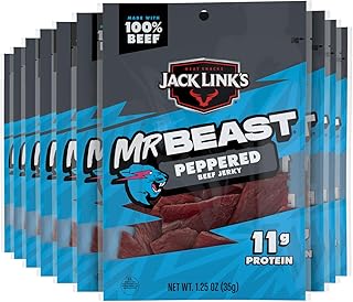 Jack Link’s x MrBeast Beef Jerky, Peppered Beef Jerky, As Seen on Beast Games, 11g Protein, Made with 100% Real Beef, Pantry-Ready Snacks, 10 Count