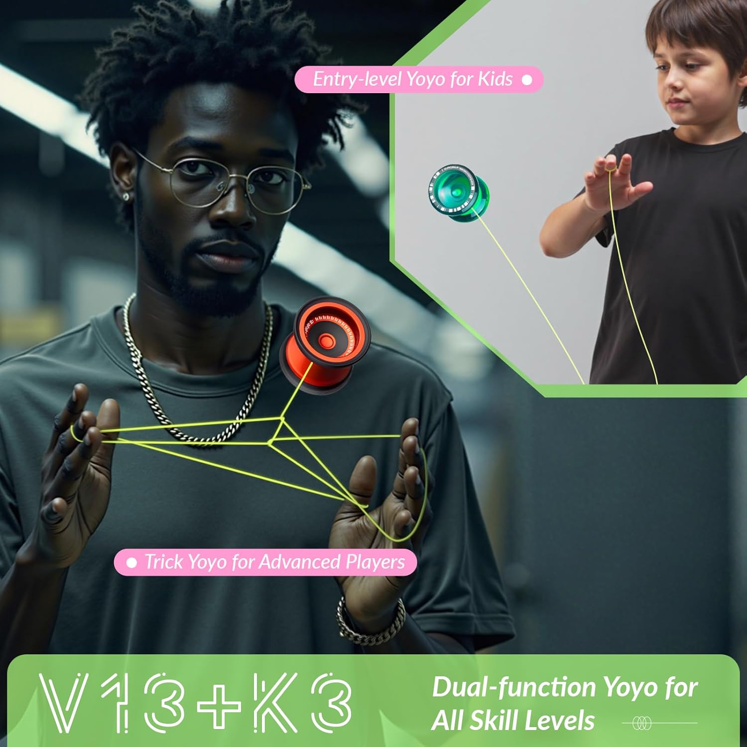 MAGICYOYO Professional Yoyos 2 Pack, Responsive Yoyo for Kids 8-12, Pro Fingerspin Trick with Dual Purpose Mode, Metal Yoyo V13+Plastic Yo yo K3 with Unresponsive Bearing+12 Yo-yo Strings+Removal Tool
