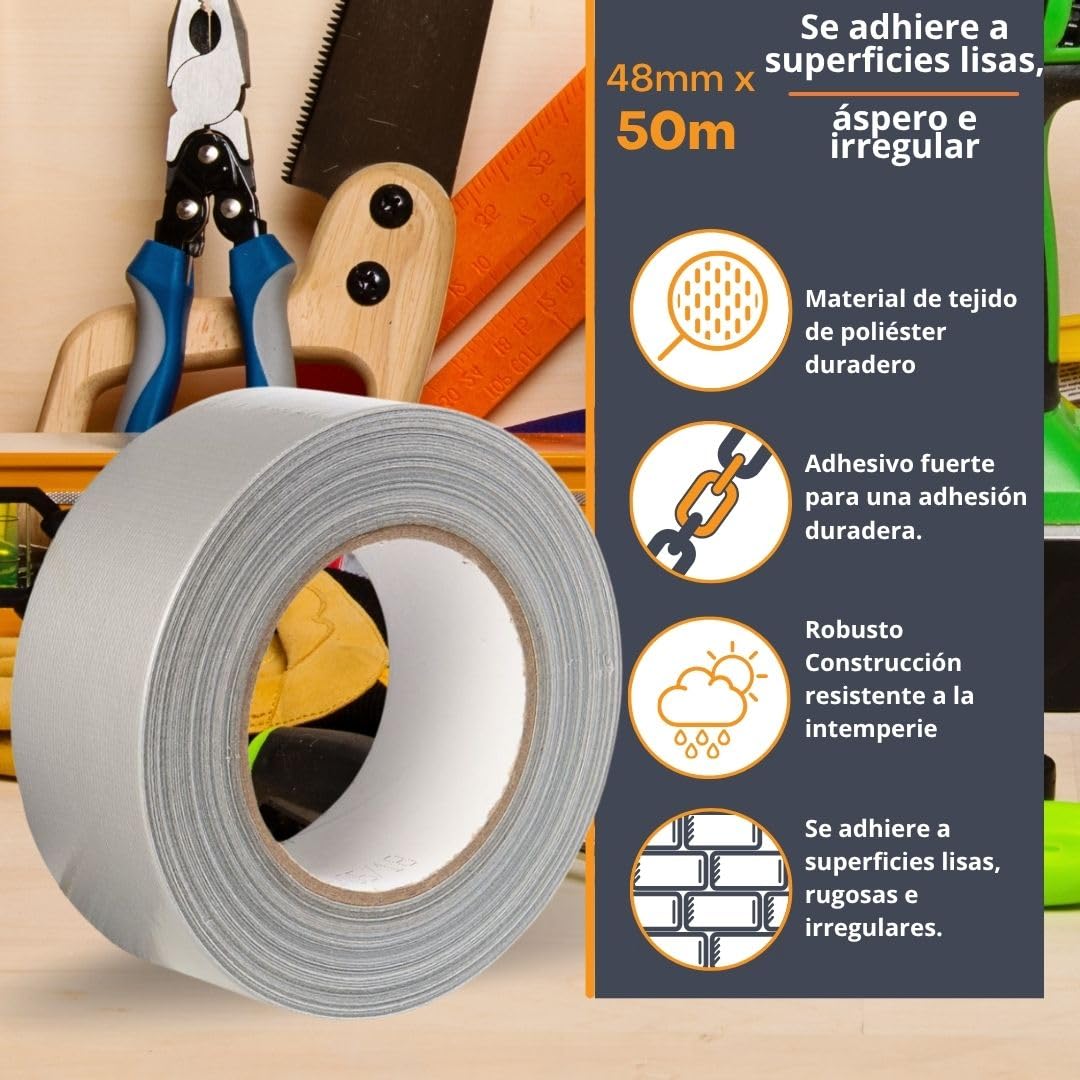 GTSE - Cinta americana plateada de 48 mm x 50 m - Cinta de tela resistente, adhesiva e impermeable - Para reparar, fijar, agrupar, reforzar y sellar - 12 rollos