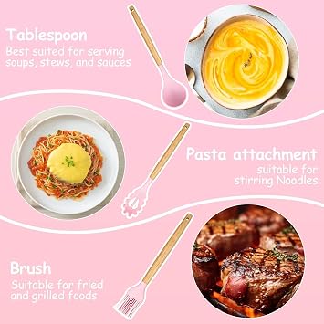 Kitchen Utensil Set 12 PCS Silicone Cooking Utensils Set with Wooden Handle Non-Stick Cooking Spoons Utensil Sets Silicone Kitchen Utensils Set Heat Resistant Kitchen Tools Heat Resistant Set(Pink)