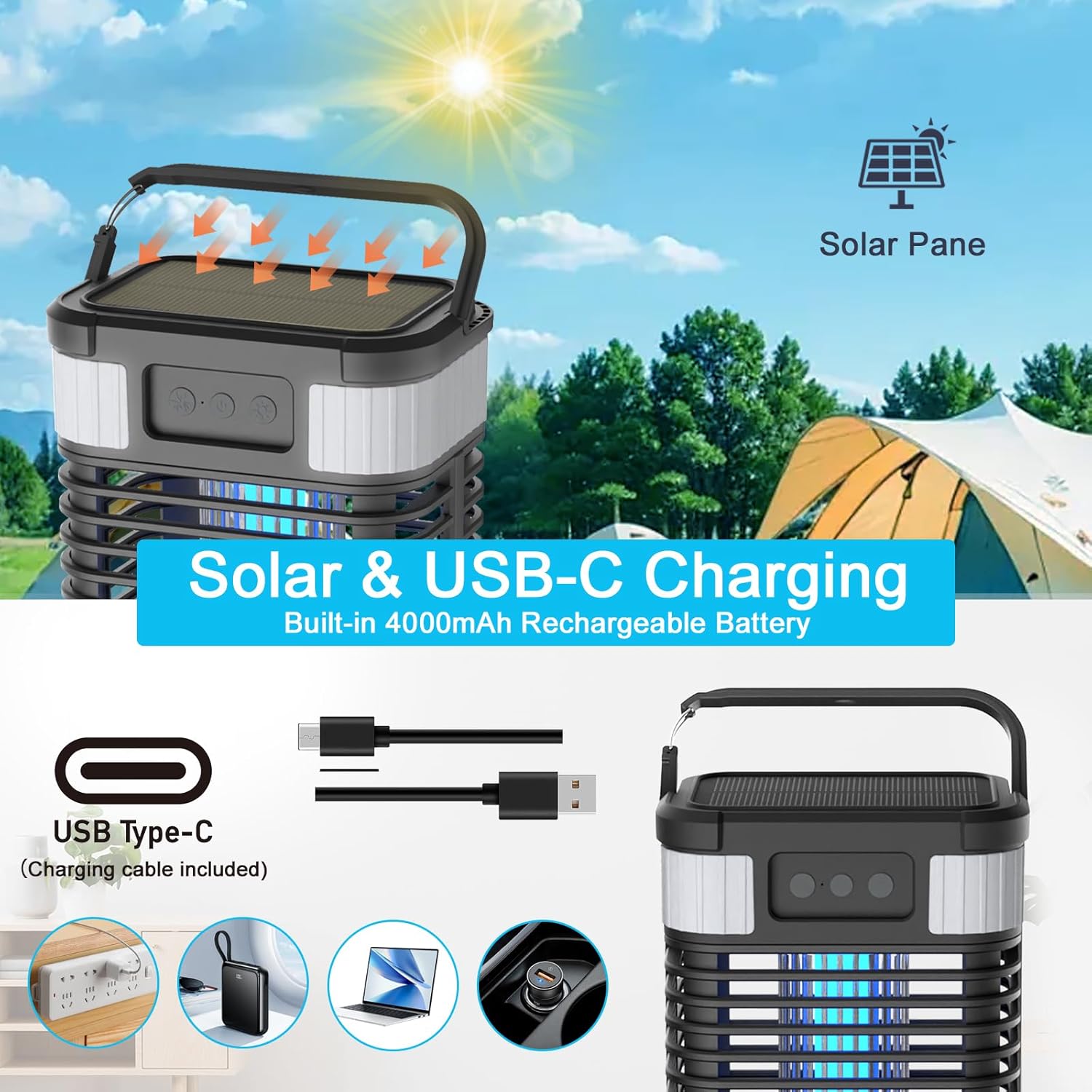 Solar Bug Zapper, 4200V Mosquito Zapper, Cordless & Rechargeable Bug Zapper Outdoor with LED Light, Portable Waterproof Electric Fly Zapper with Hook, for Patio Camping Backyard Garden (Black)