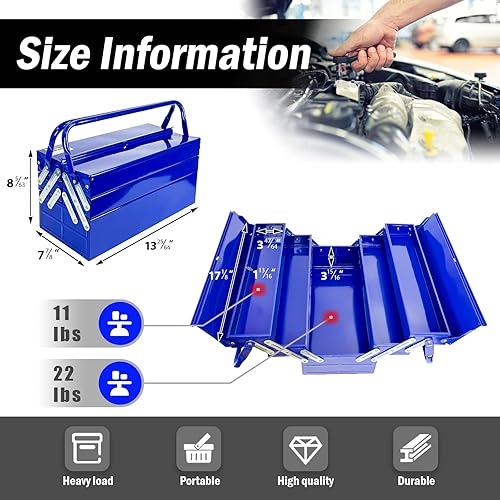Miniatura 3 de Caja de herramientas voladiza de metal, caja de herramientas de acero plegable de 3 niveles y 5 bandejas con asa, caja de almacenamiento de