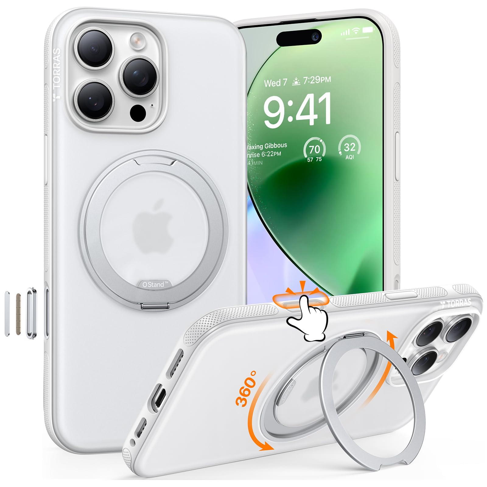 TORRAS 360° Ostand O3 Fitness für iPhone 16 Pro Hülle für MagSafe mit Kamerasteuerung Taste [Nr.1 Magnetkraft & Zertifiziert Militärischer Schutz & Flexibler Ständer] Hülle iPhone 16 Pro Case Weiß