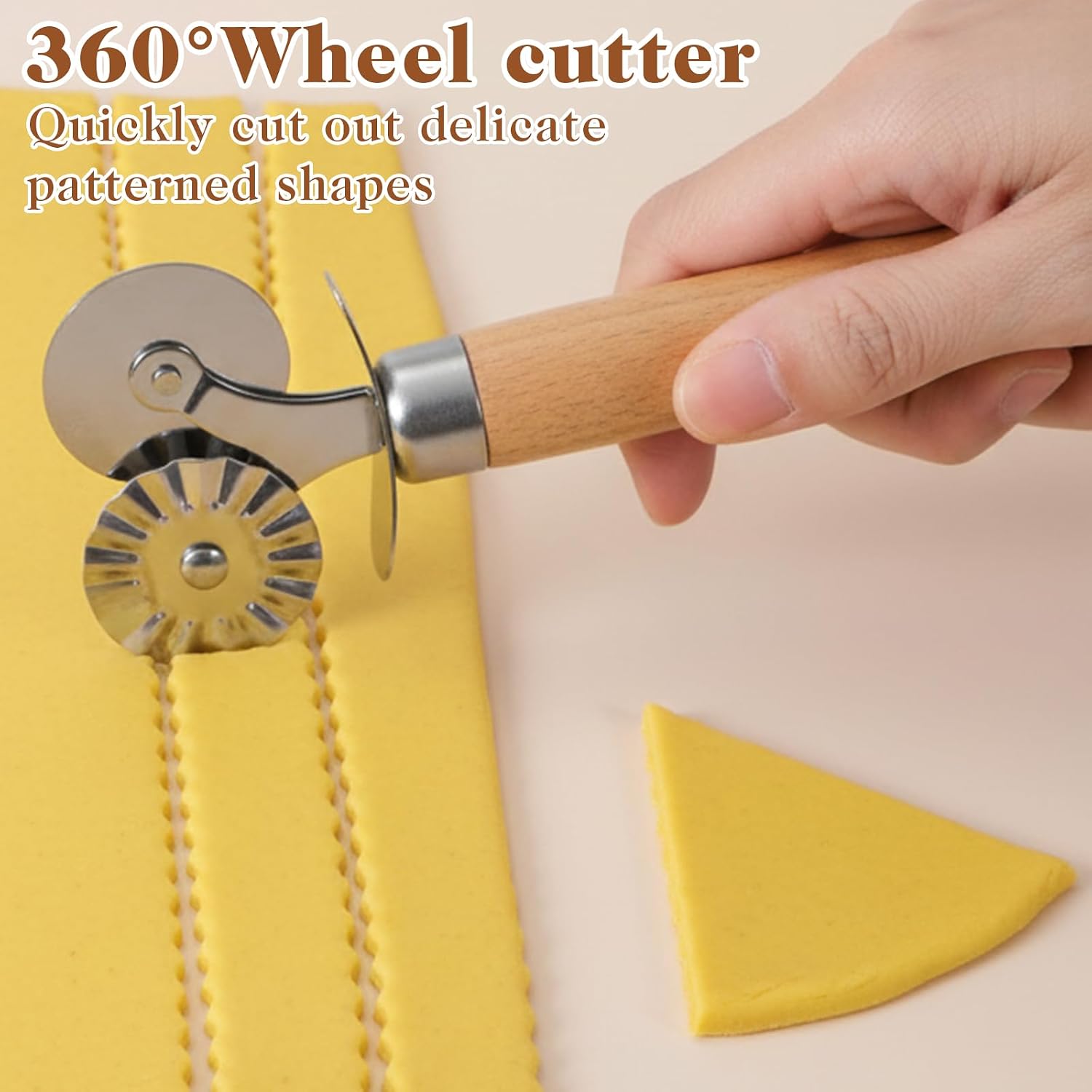 Double Wheel Pastry Cutter with Premium Wooden Handle, Stainless Steel Dual-Head Ravioli & Pasta Cutter for Pizza, Cookies, and Pasta, Multipurpose Baking Tool for Kitchen