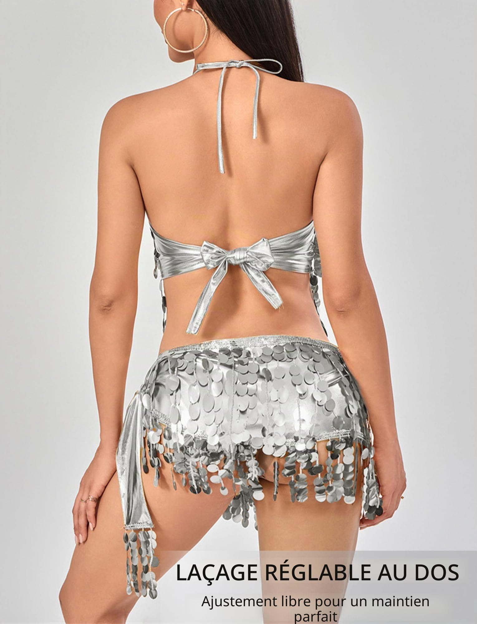 SEAUR Ensemble 2 pièces avec jupe à franges à paillettes pour femme - Tenue de danse du ventre réglable à lacets dans le dos - Écharpe de hanche pour carnaval, festival, fête, performance sur scène