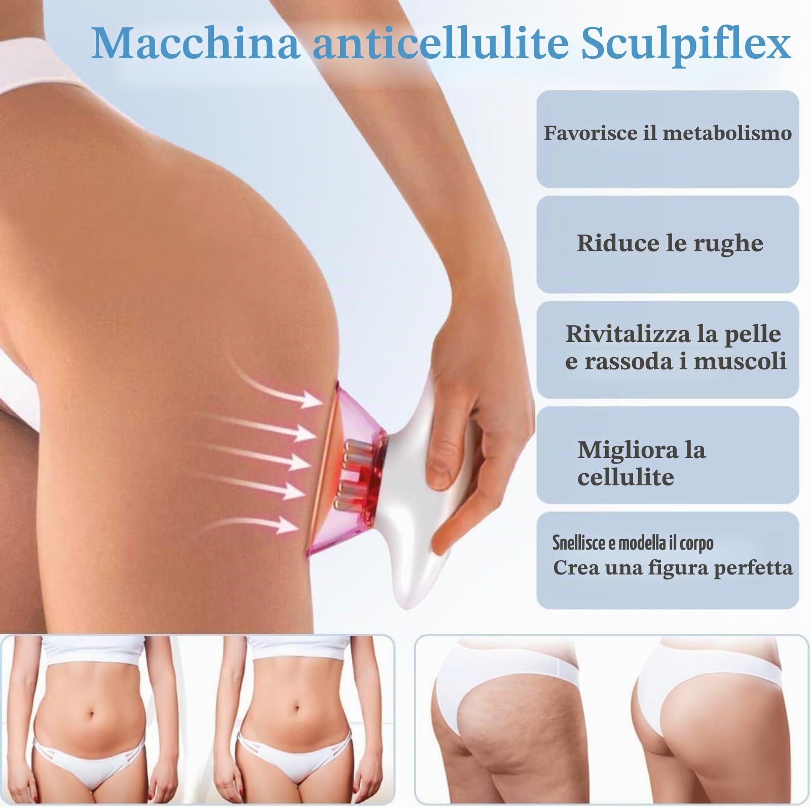 Massaggiatore Anticellulite EMS con Luce Rossa, Dispositivo di Coppettazione Elettrica per Viso e Corpo, Massaggiatore Rassodante Ricaricabile per Addome, Cosce, Braccia e Collo, Sculpiflex