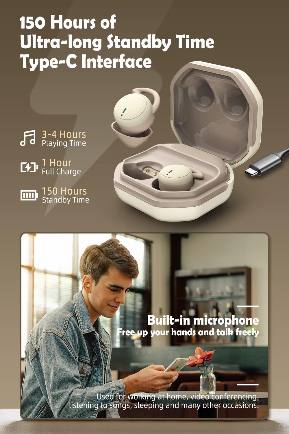 Sleep Earbuds Canal Noise Isolating Sleep Headphones Wireless In-Ear Mini Sleep Earphones Bluetooth 5.3 Small Ultra Soft Lightweight2.3g for Side Sleeper Flexible IPX5 Built-In Mic Snoring