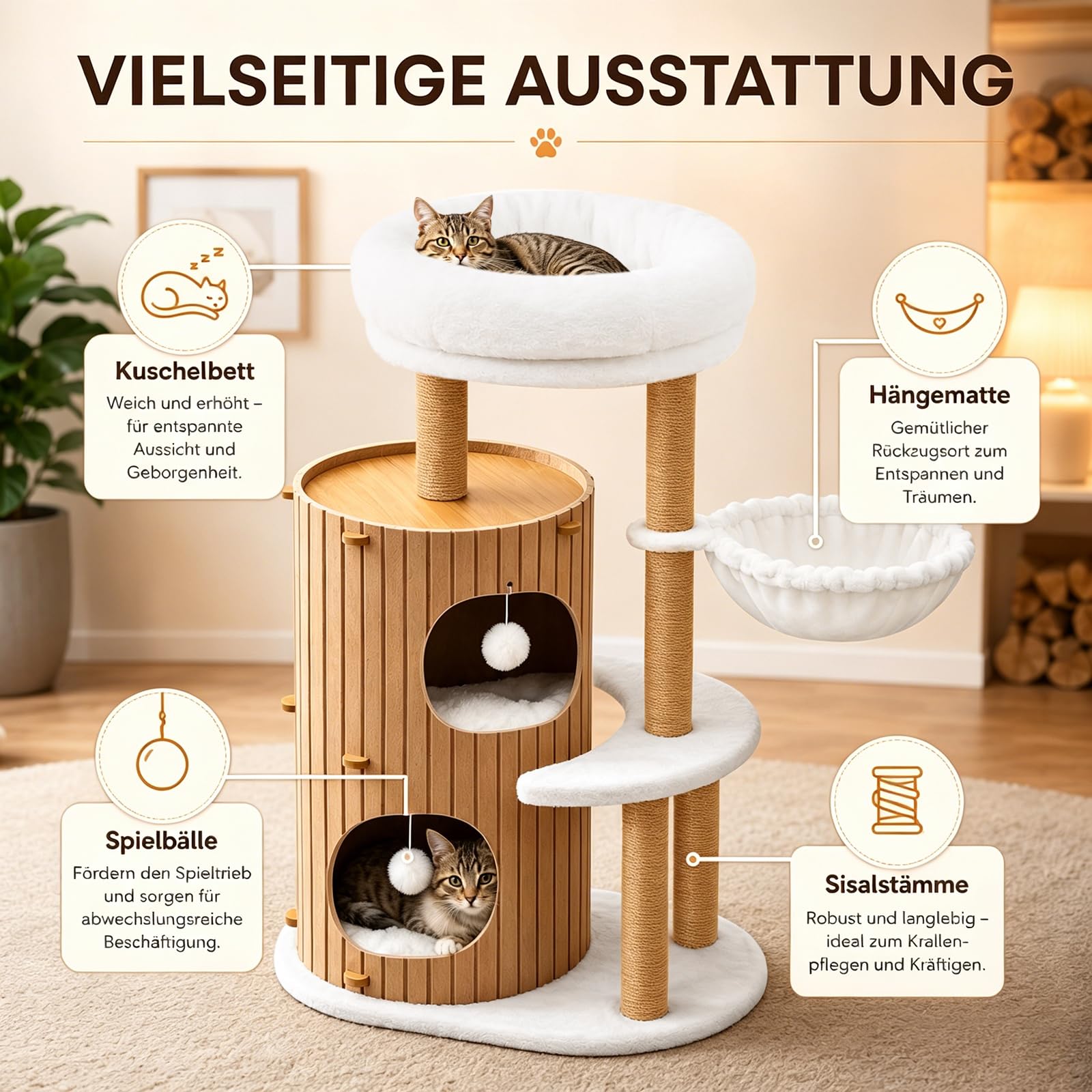Premium kratzbaum mit 2er Kratztonne, Katzenbaum＆Große Plattformen | Sisalstämme, Kratzrampe, Katzenhaus, Plüschbälle und Katzenbürste für große Katzen