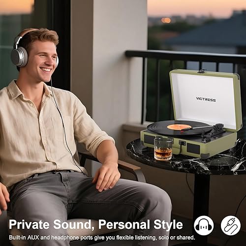 Miniatura 11 de Tocadiscos con altavoces, reproductor de discos de vinilo Bluetooth con grabación, reproductor LP portátil de maleta de 3 velocidades, tocadiscos de