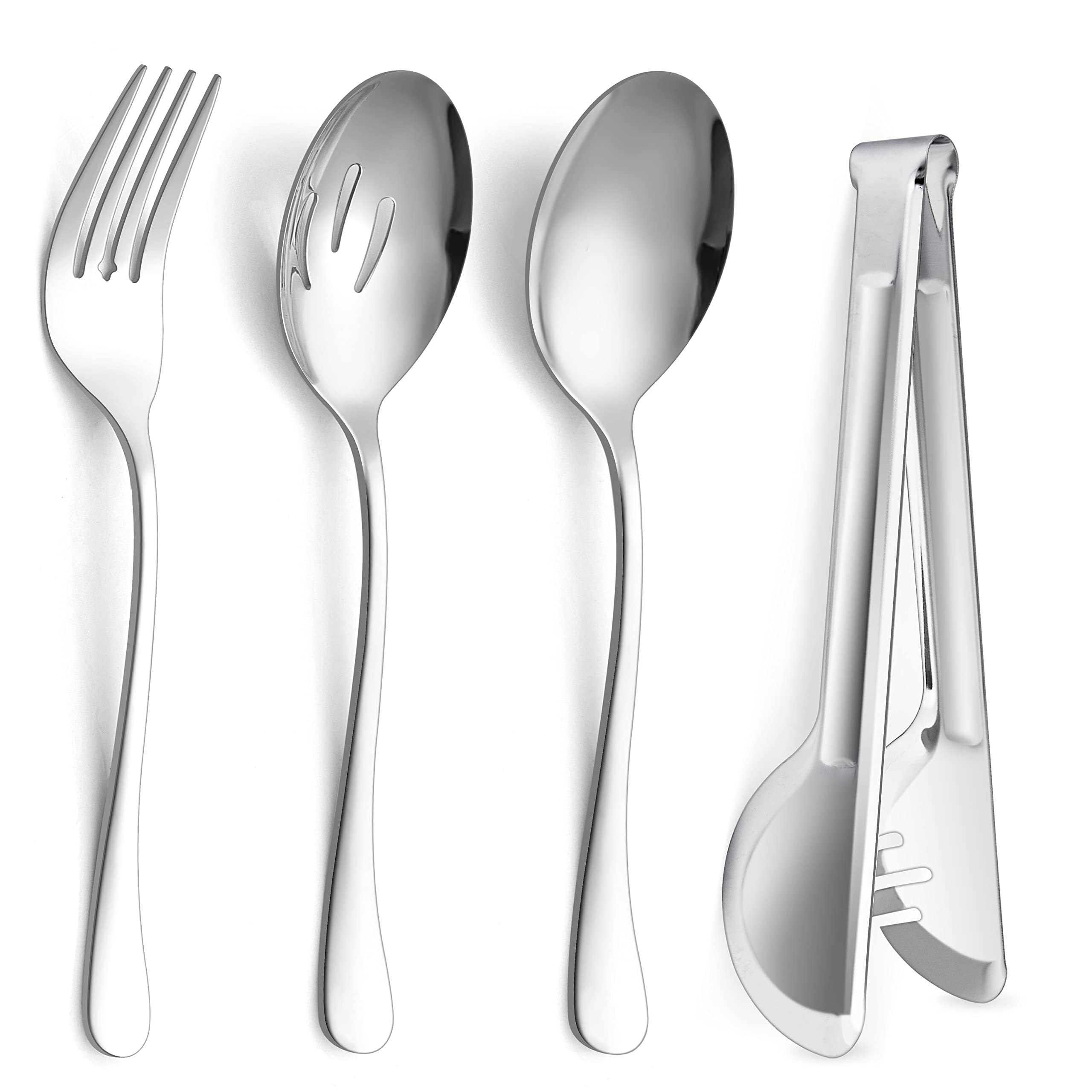 E-far Large Serving Utensils Set of 8, Stainless Steel 9.8 Inch Serving Spoons Slotted Spoon, 9.9 Inch Serving Fork, 9.4 Inch Serving Tong for Buffet Catering Banquet, Mirror Finish & Dishwasher Safe