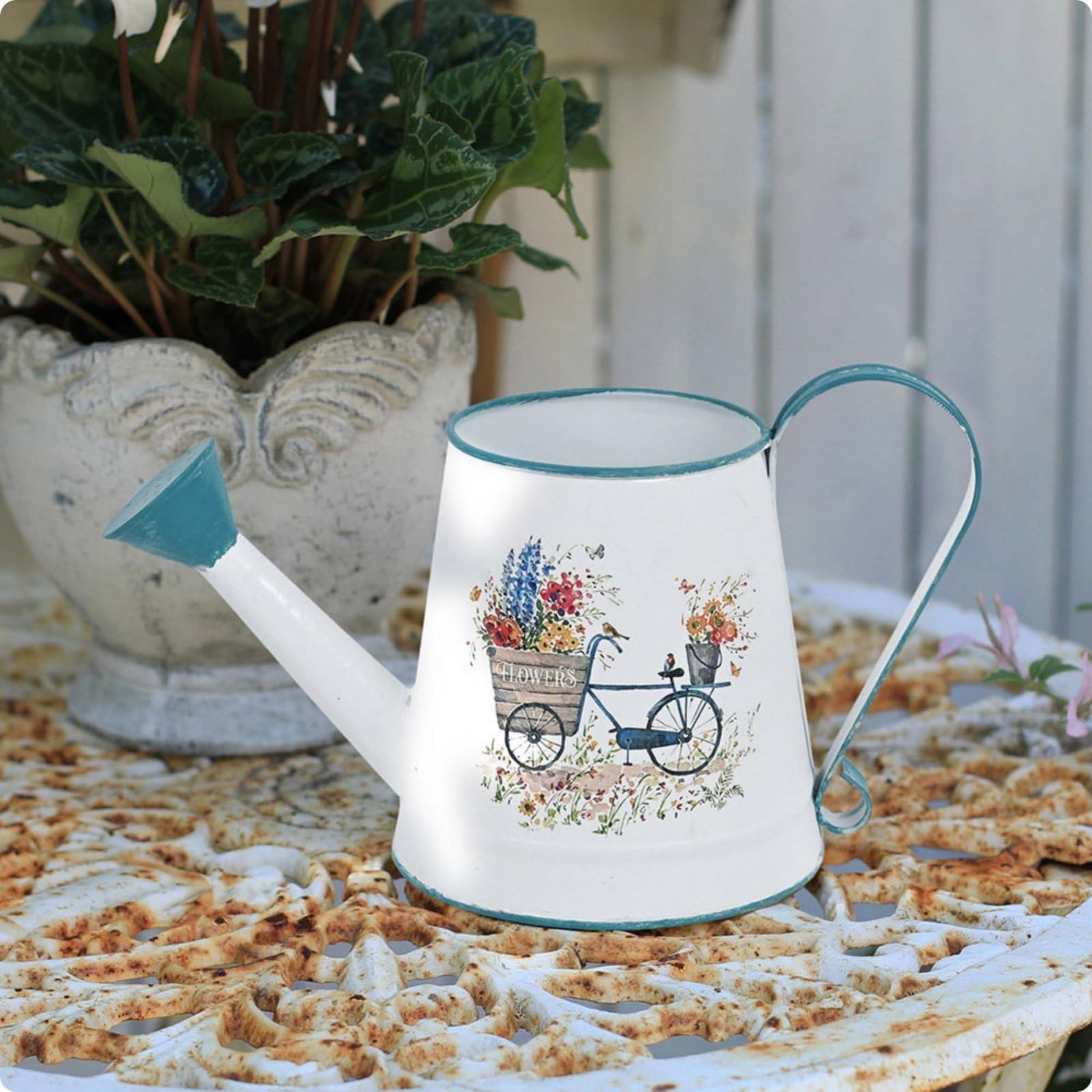 Arrosoir Métal Arrosoir Jardin Arrosoir Intérieur Arrosoir Balcon Verseuse Précision Arrosage Délicat Métal Capacité, Blanc, Vélo Fleuri avec Bordure Et Poignée Verte