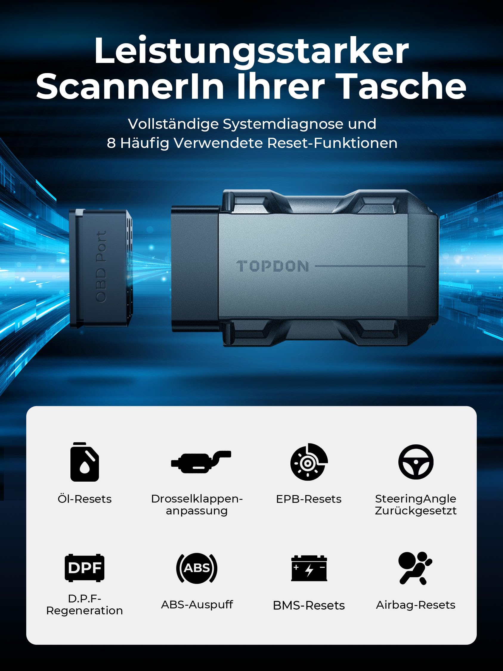 TOPDON Topscan OBD2 Diagnosegerät, Aktiver Test, OBD2 Bluetooth Adapter mit 8 Reset-Diensten, OBDII-Allsystem-Diagnosetool, Motor-Prüfen, Fahrzeugleistungstest, für iPhone und Android | Repair Guides, AI Assistant, Bluetooth Car Scanner, Performance Test,