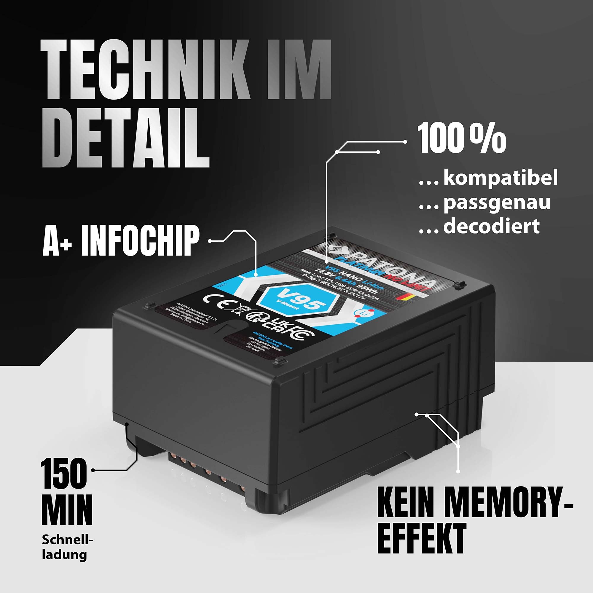 PATONA Platinum Nano V95 V-Mount Akku 95Wh 14,8V 6400mAh mit D-Tap & USB – ersetzt Sony BP-L60 BP-GL95 BP-FLX75 – für DSR-600P 650P, HDW-800P, PDW-850 – kompakte Dauerenergie für Kamera-Rigs
