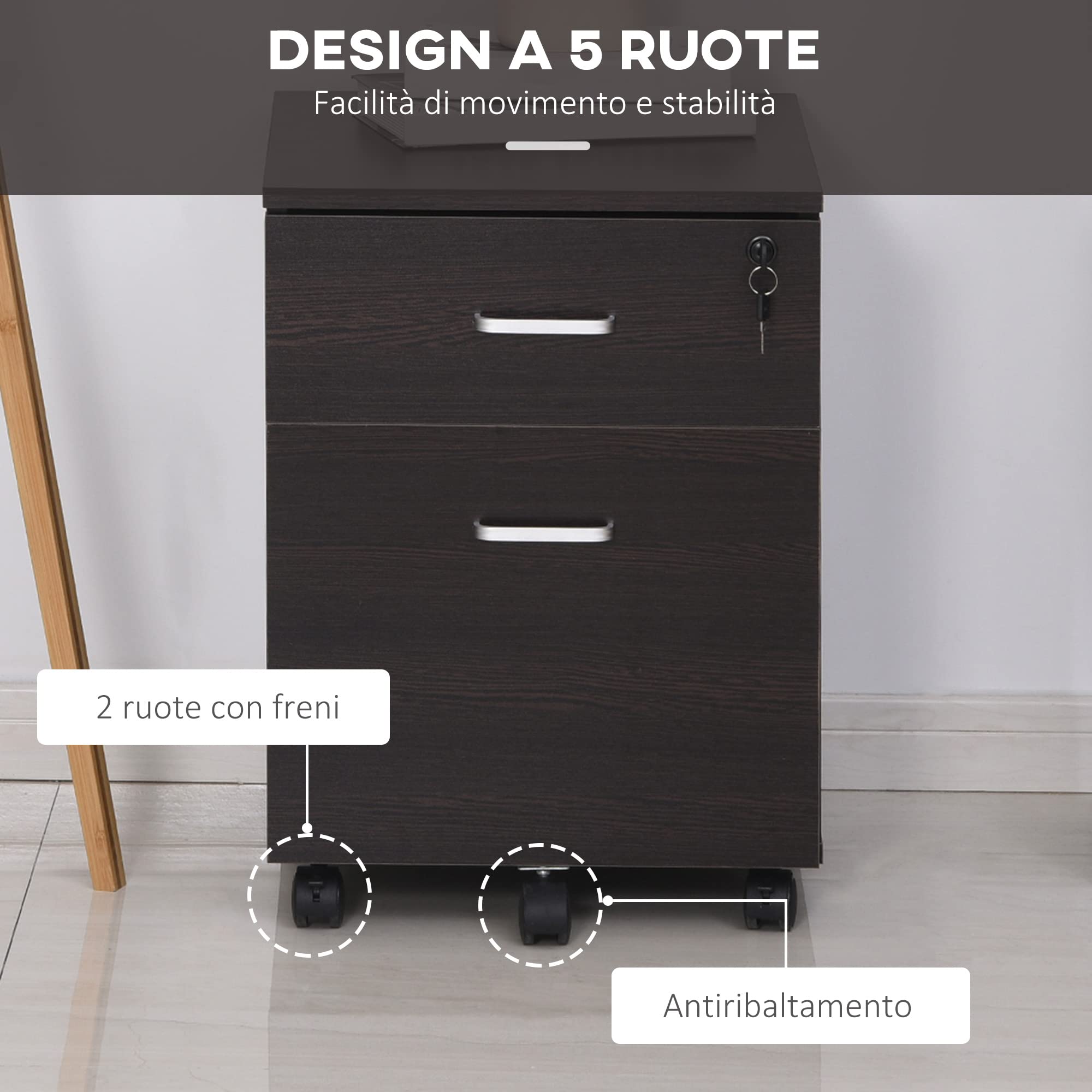 Vinsetto Schedario da Ufficio Cassettiera Per Scrivania in Legno, 2 Cassetti, Serratura con 2 Chiavi, Nero, 40x45x55.6cm